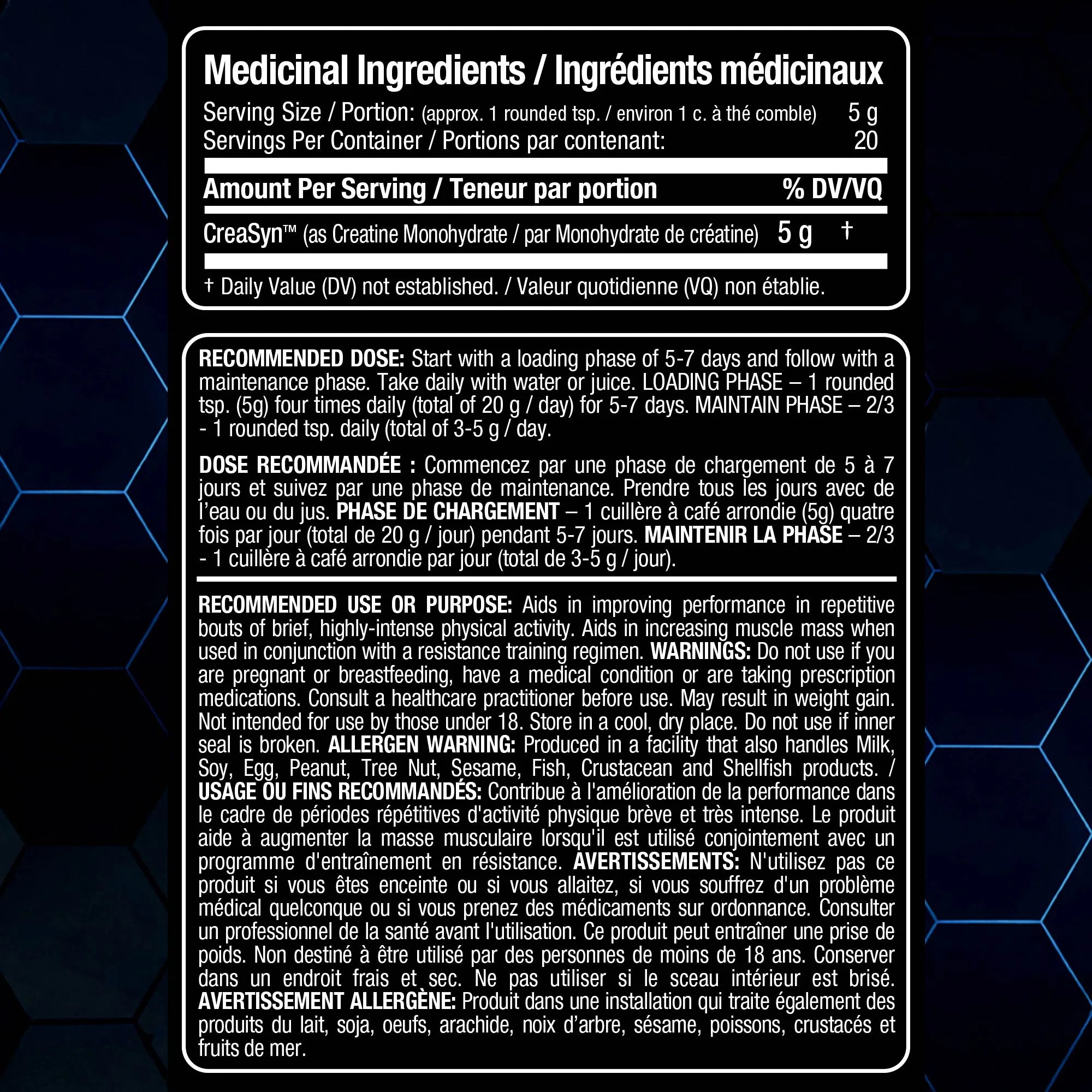 A black supplement label panel with bilingual English and French text, showing serving size, recommended dosage, and usage instructions for a medical/therapeutic supplement.