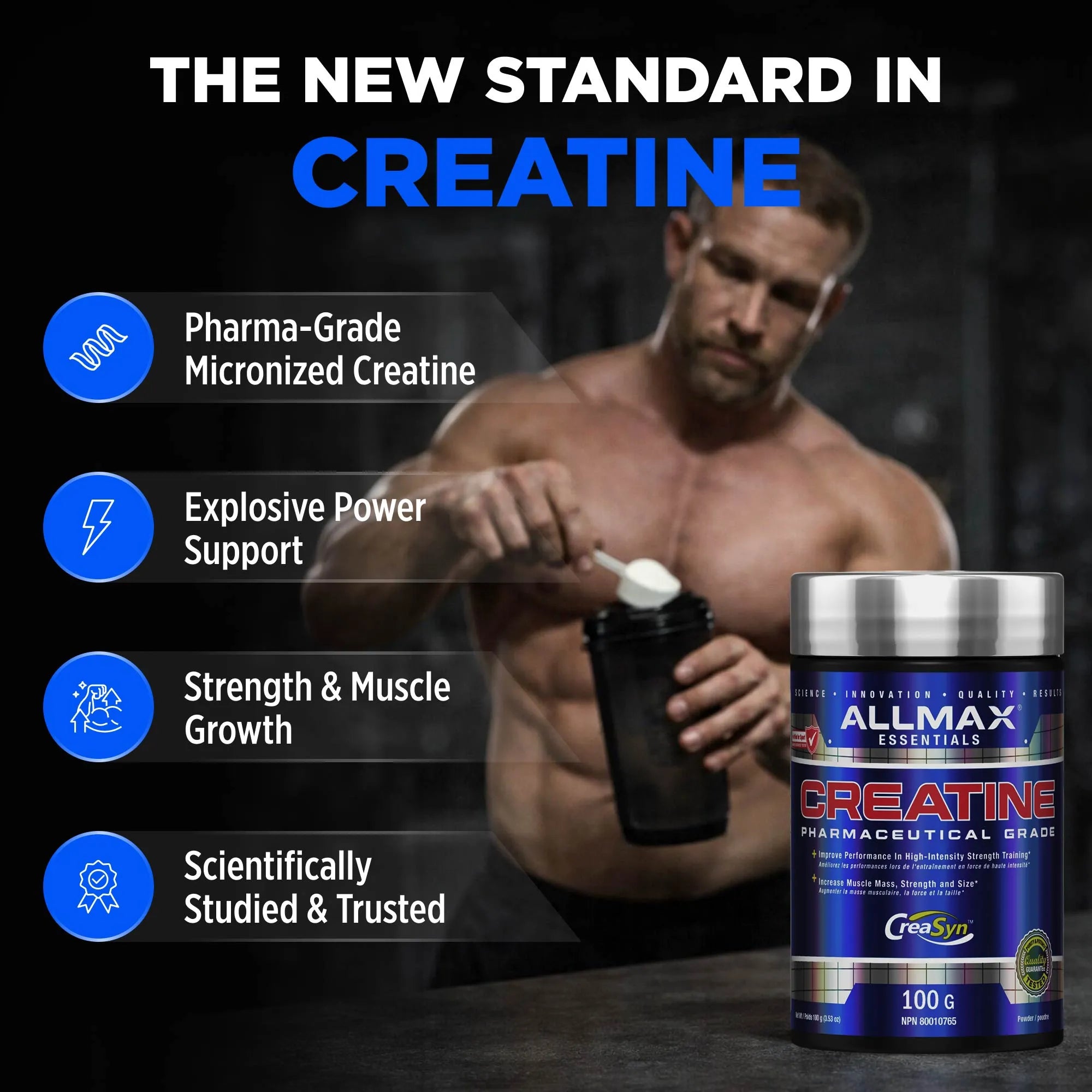 Allmax Essentials Creatine supplement with a muscular man and product details on a dark background