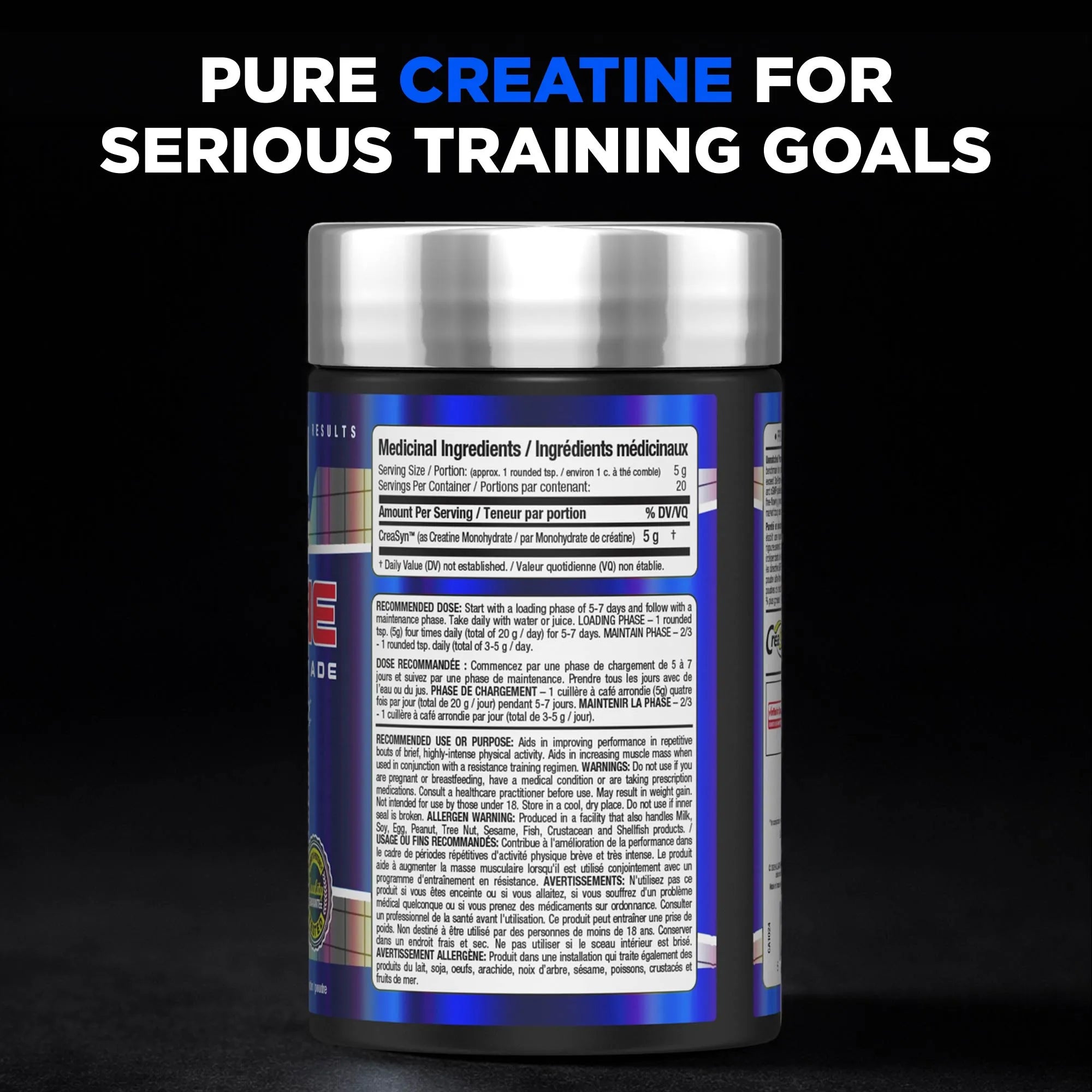 A bottle of Pure Creatine dietary supplement shown from the back label side against a black background, with large text at the top reading 'PURE CREATINE FOR SERIOUS TRAINING GOALS'. The bottle has a silver cap and a blue-and-white label.