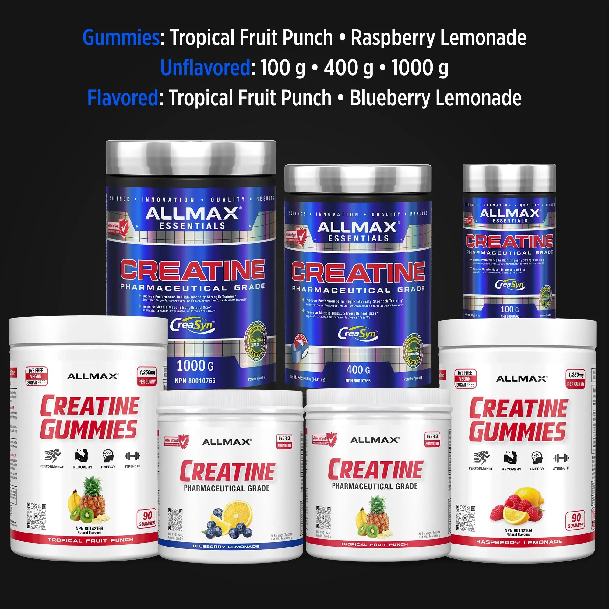 A collection of Allmax Essentials Creatine products including Creatine Powder (100g, 400g, 1000g) in blue jars and Creatine Gummies (Tropical Fruit Punch and Unflavored) in white jars, displayed on a black background with text detailing flavors and weights at the top.