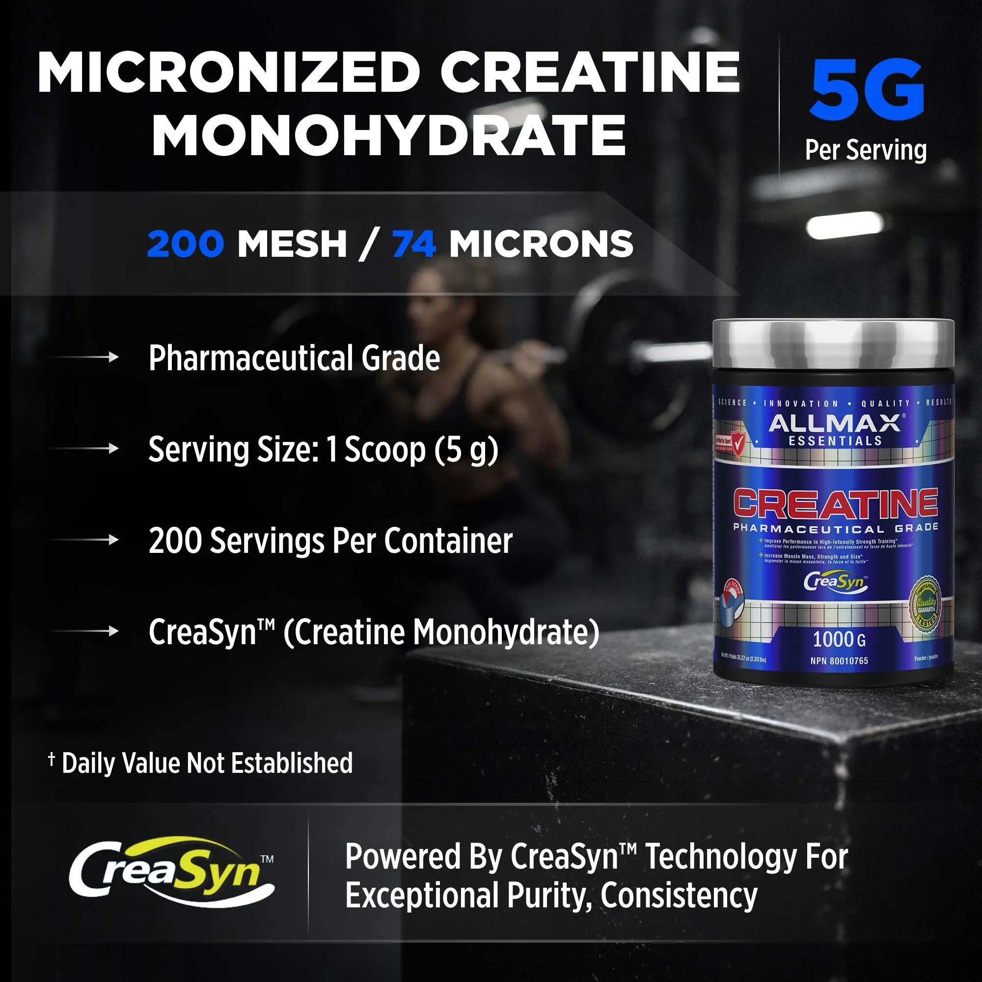 A promotional graphic for Creasyn Allmax Creatine Monohydrate. The right side shows a silver and blue tub of creatine on a dark counter in a gym setting, while the left side features a dark overlay with product details including '200 MESH / 74 MICRONS', '200 Servings Per Container', and the Creasyn logo.
