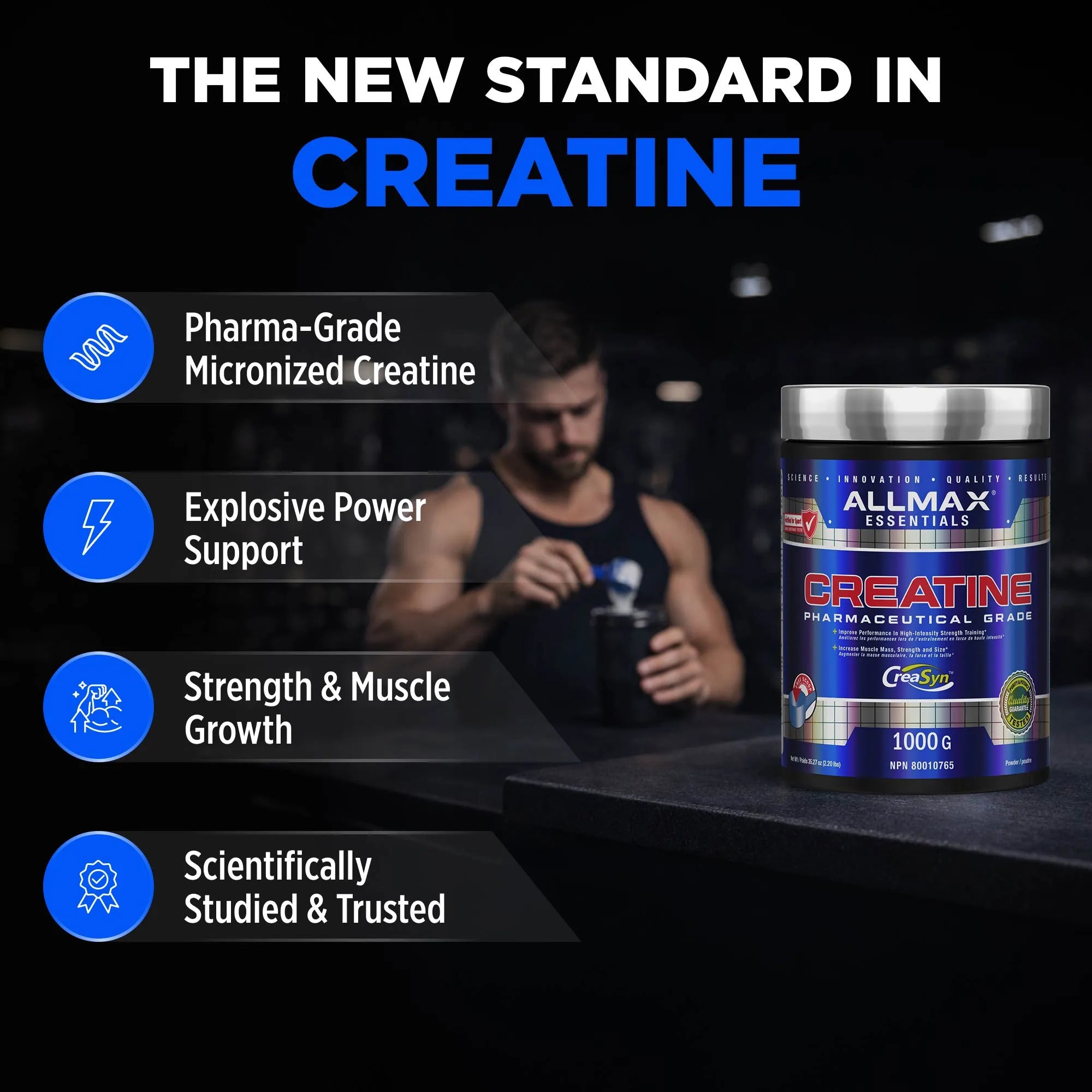 Allmax Essentials Creatine supplement with a person in the background, highlighting features on a dark background.