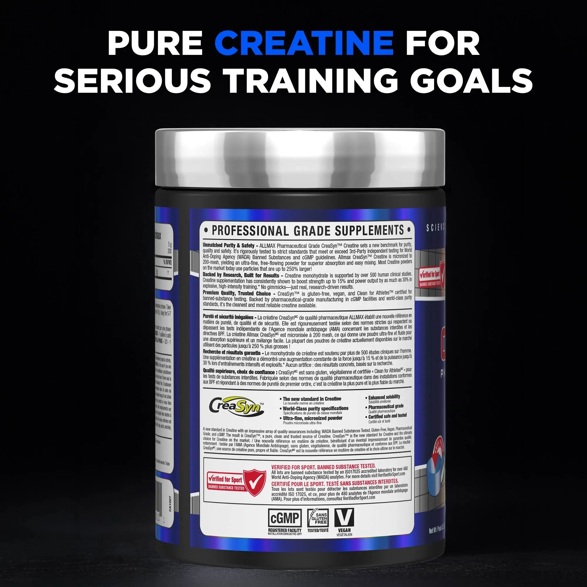 A supplement tub shown from the back on a black background with large text reading 'PURE CREATINE FOR SERIOUS TRAINING GOALS.' The label is mostly white with blue and red accents and includes the Gains Sports logo.