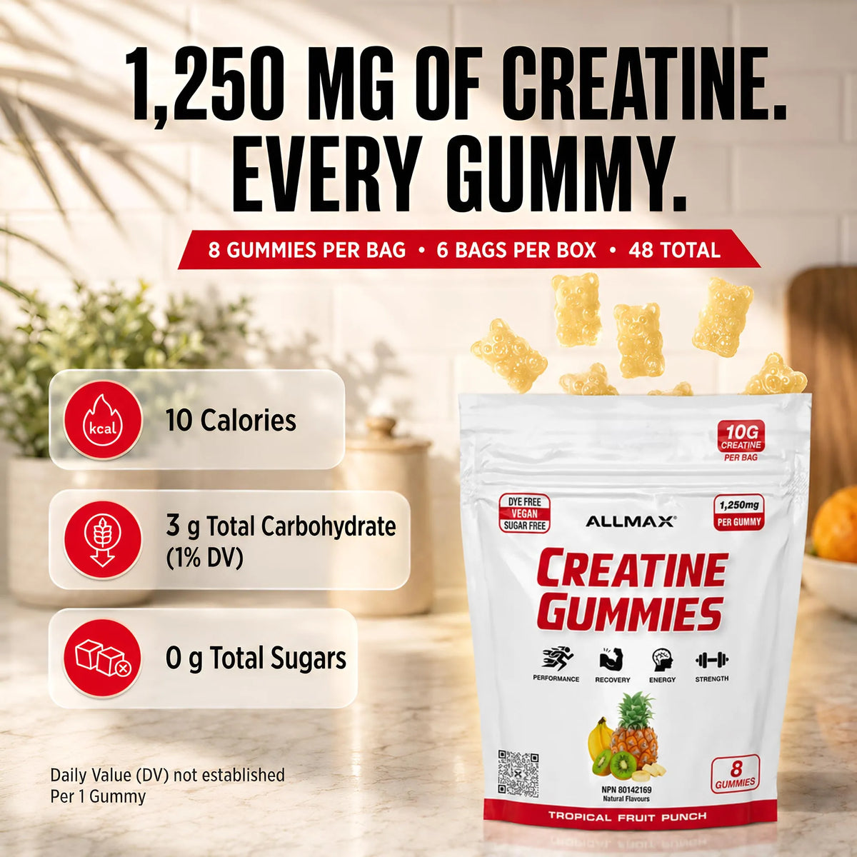 A stand-up pouch of ALLMAX Creatine Gummies in Tropical Fruit Punch flavor, shown on a kitchen counter with floating gummy bears and informational callouts about calories, carbohydrates, and sugars.