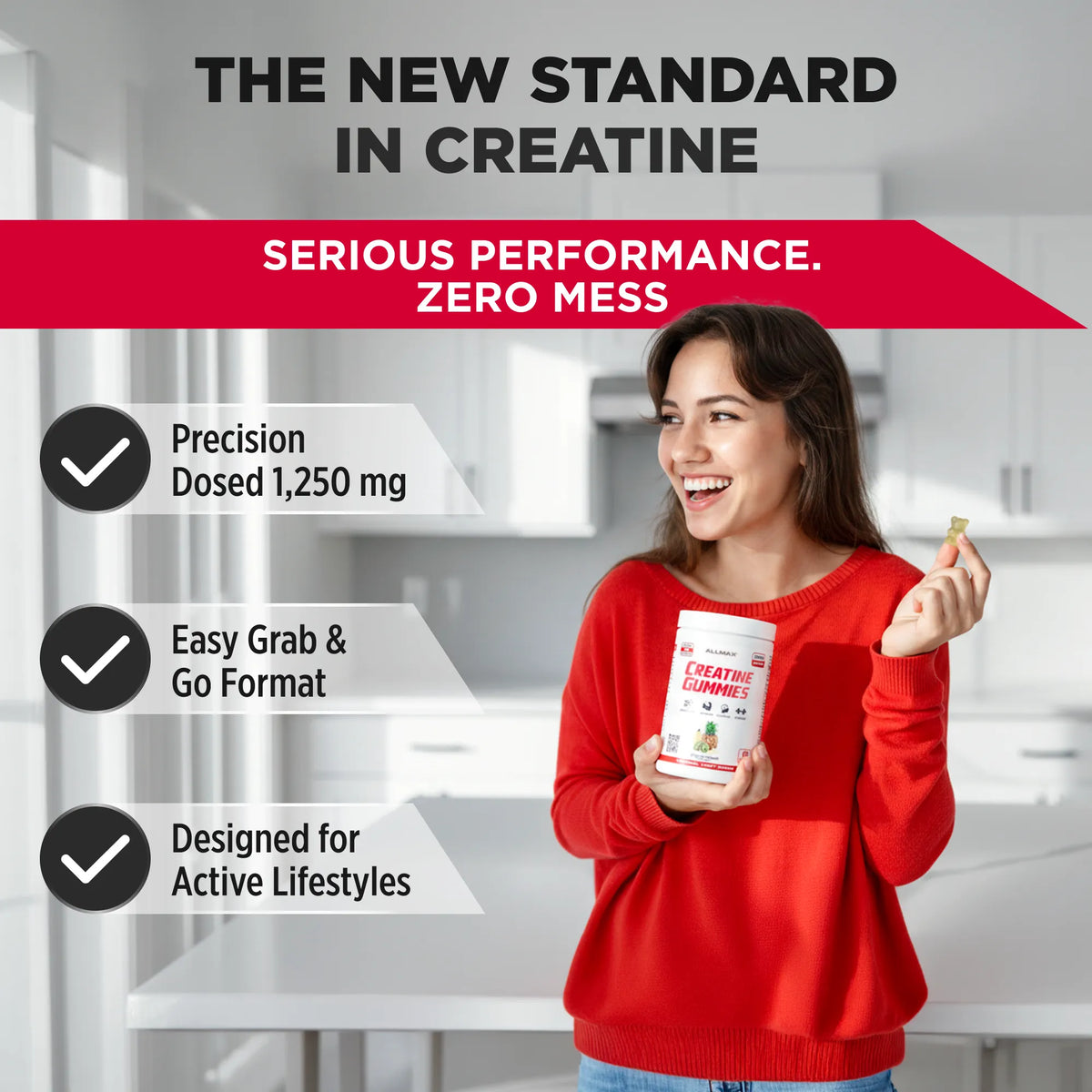 Woman holding a creatine supplement container with promotional text about its features.