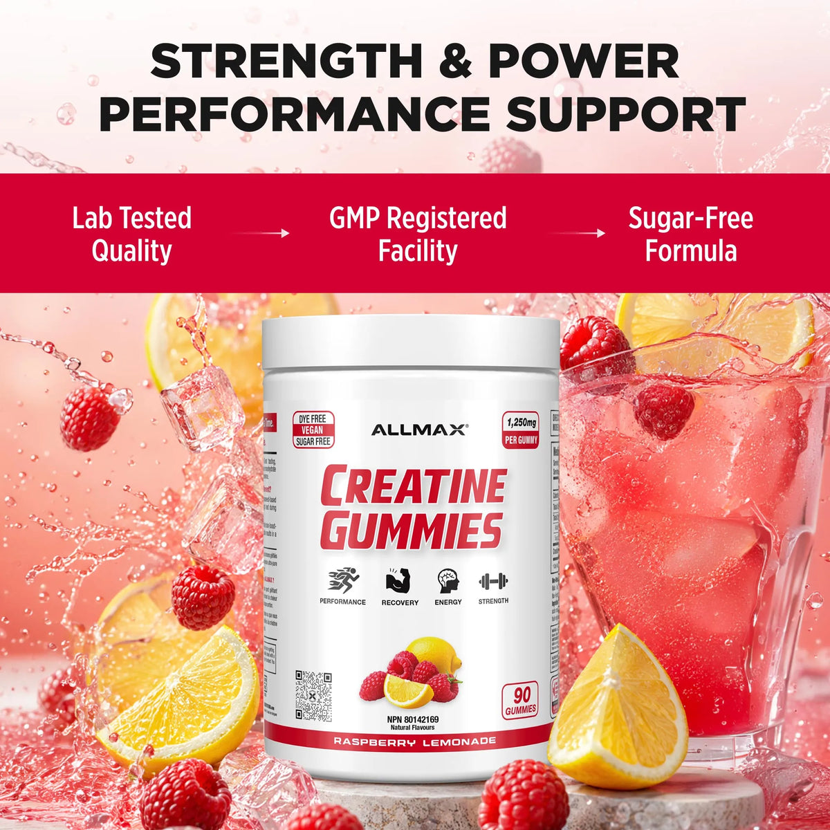 A tub of ALLMAX Creatine Gummies shown in a promotional graphic with raspberries, orange slices, and a glass of pink drink. Text at the top reads 'STRENGTH & POWER PERFORMANCE SUPPORT' with feature callouts: 'Lab Tested Quality,' 'GMP Registered Facility,' and 'Sugar-Free Formula.