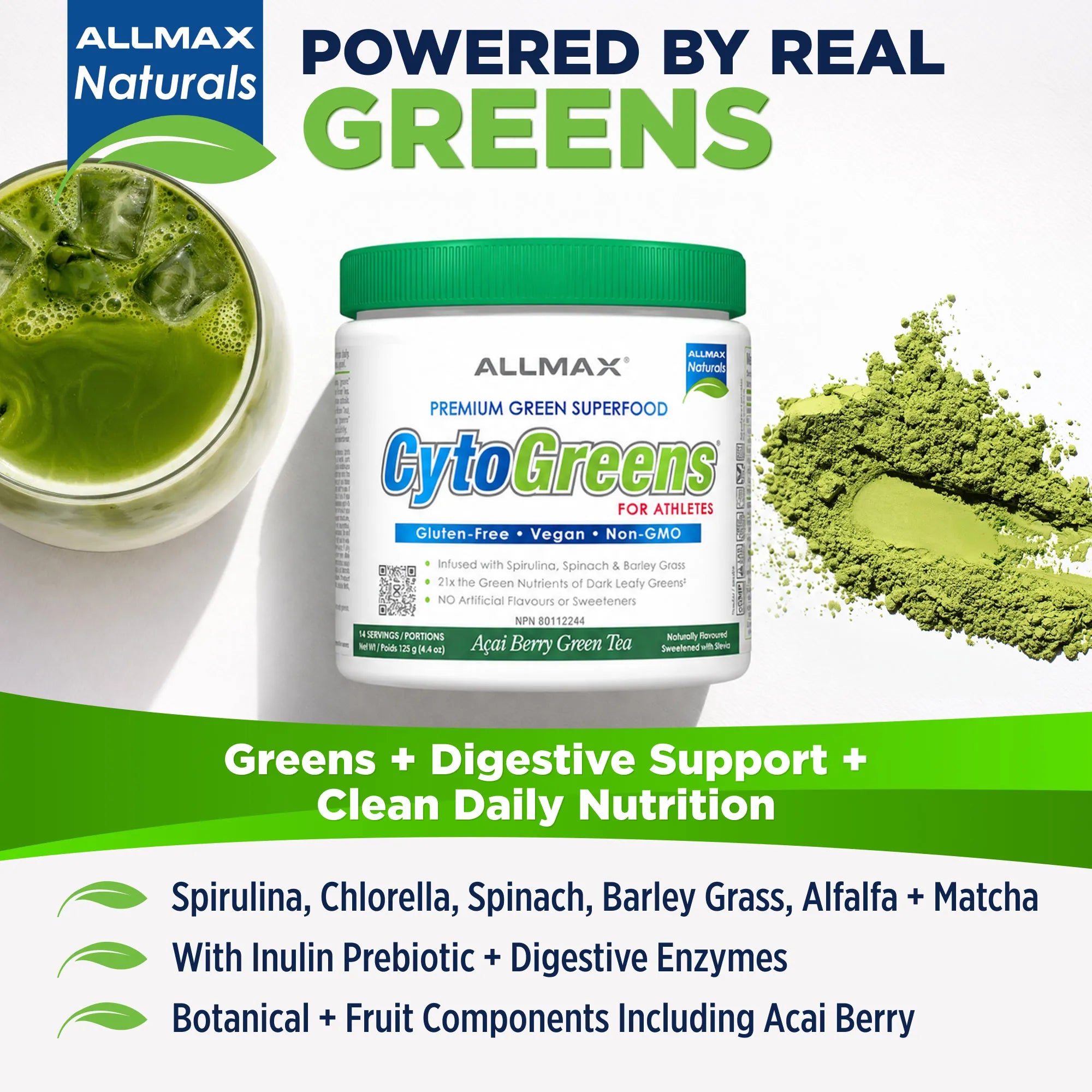 Allmax CytoGreens agi berry green tea pre-workout supplement container shown on a white background with promotional text, a green matcha drink, and a pile of green powder.