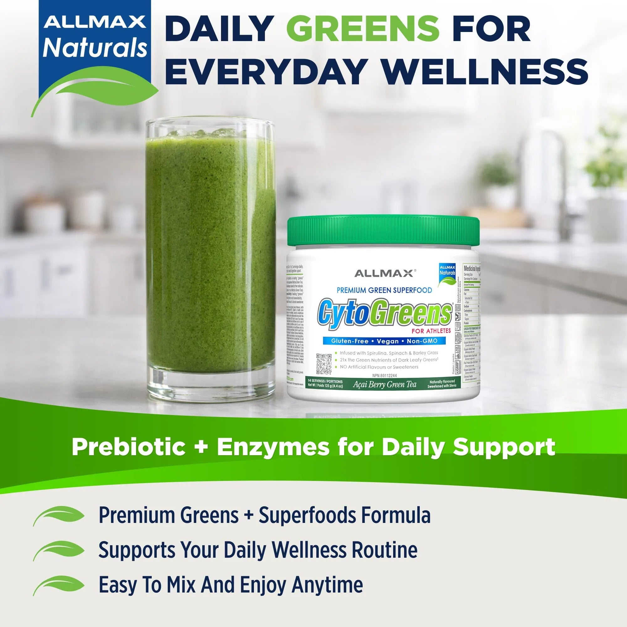 AllMax Naturals CytoGreens prebiotic and enzyme supplement, featuring a glass of green smoothie and a white tub with a green lid next to each other on a kitchen countertop with a blurred kitchen background.