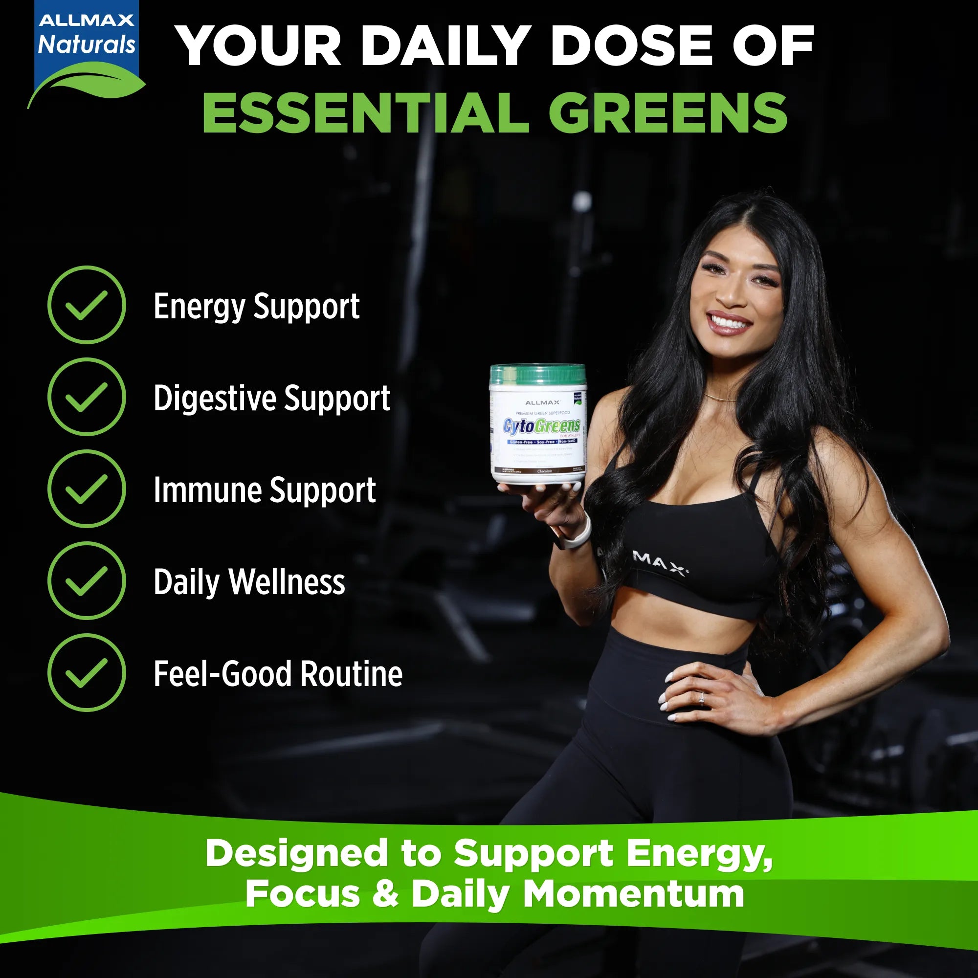 Woman holding a supplement container with promotional text about essential greens and their benefits.
