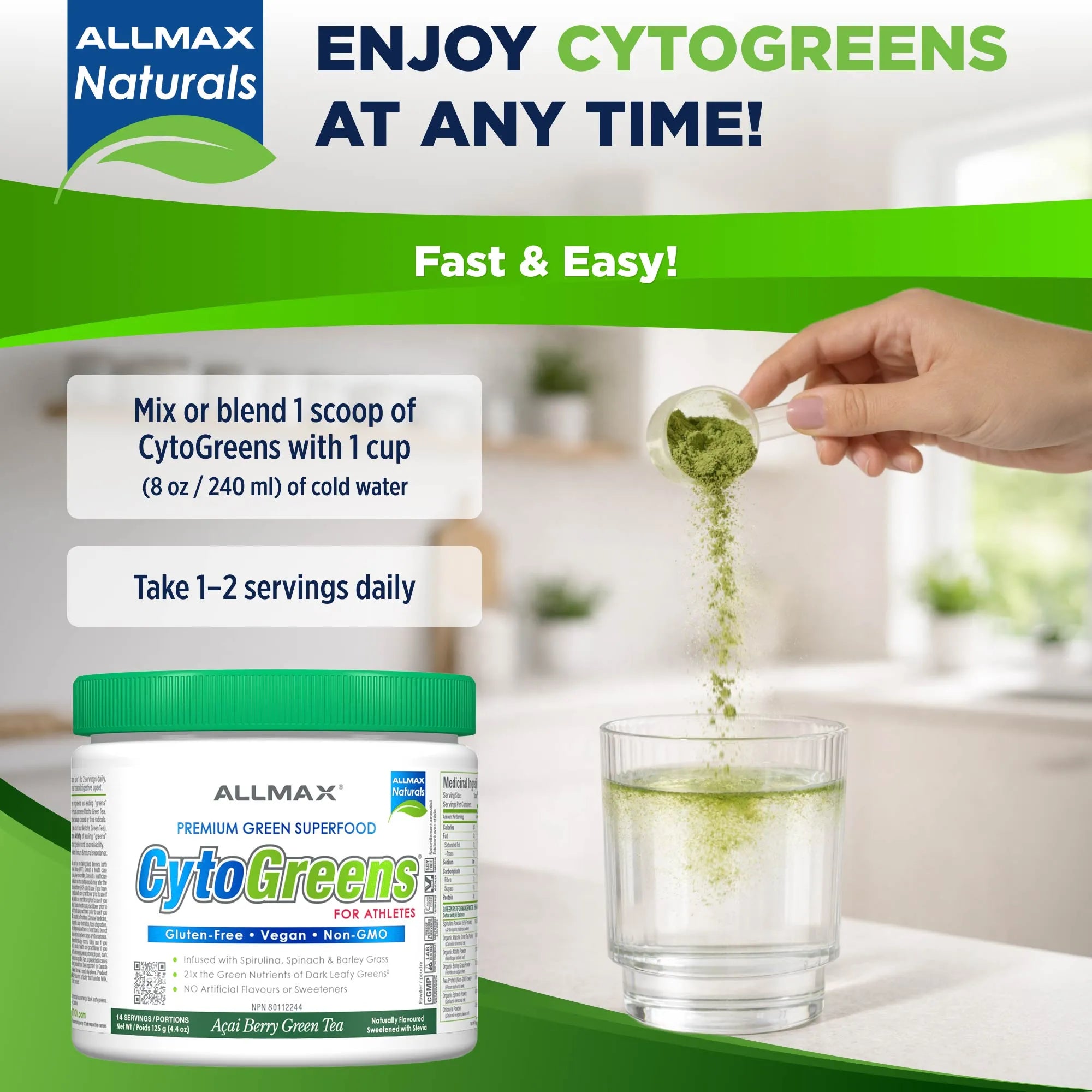 Allmax Naturals CytoGreens powder supplement jar shown with a hand pouring the green powder into a glass of water, with promotional text overlays on a bright kitchen background.