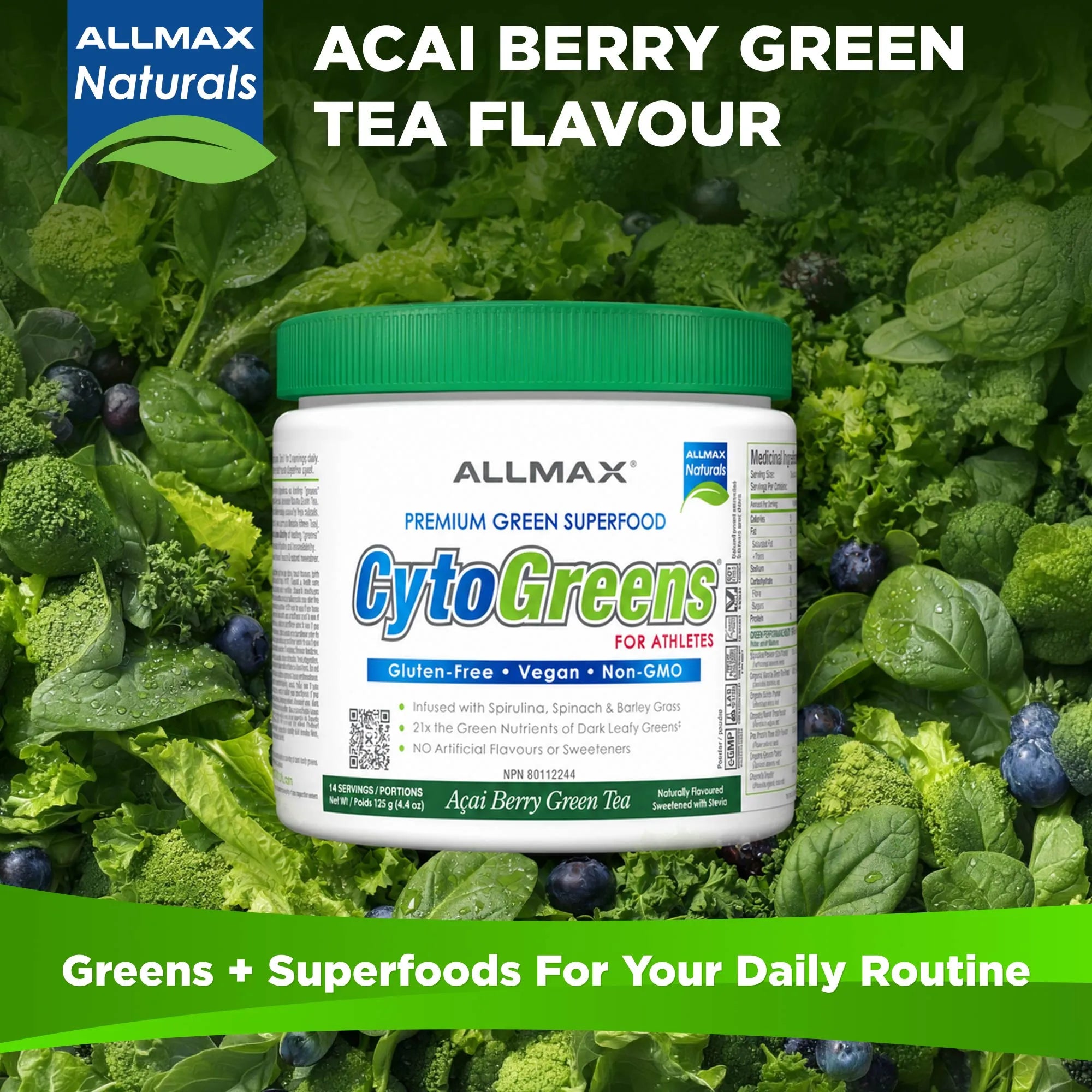 A jar of ALLMAX CytoGreens Premium Green Superfood in Acai Berry Green Tea Flavour, set against a background of fresh green leaves and berries. The product has a white container with a green lid and features the brand name ALLMAX prominently.