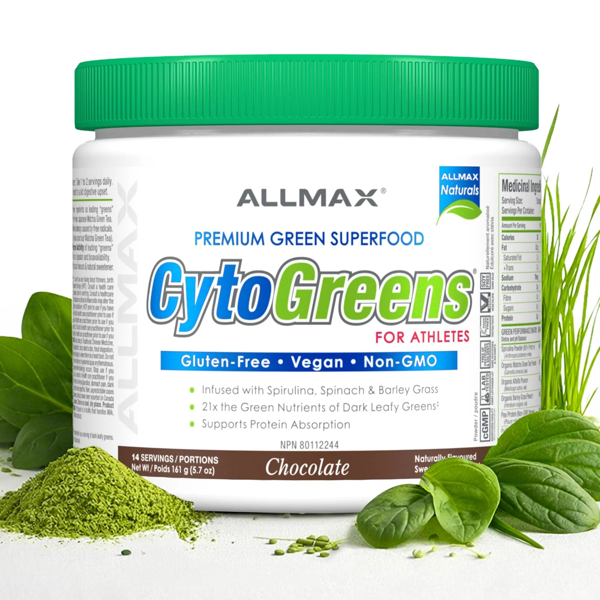 A white plastic tub of Allmax CytoGreens Premium Green Superfood powder with a bright green lid, surrounded by green spinach leaves and powder piles on a white background.
