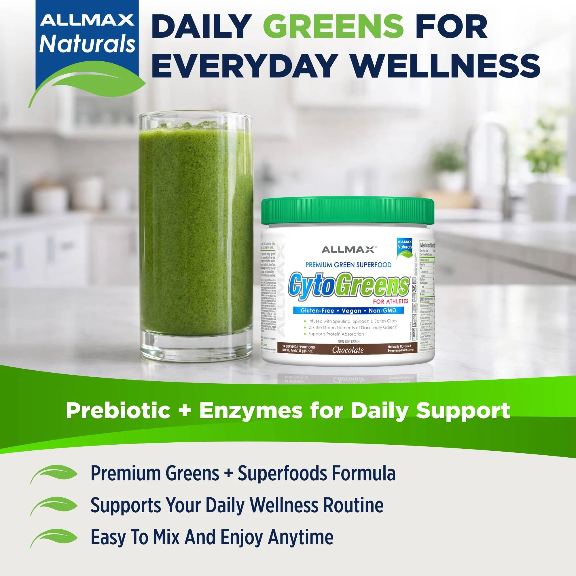 AllMax Naturals CytoGreens prebiotic and enzymes supplement, featuring a glass of green smoothie and a white jar with a green lid on a kitchen counter background, with promotional text overlays.