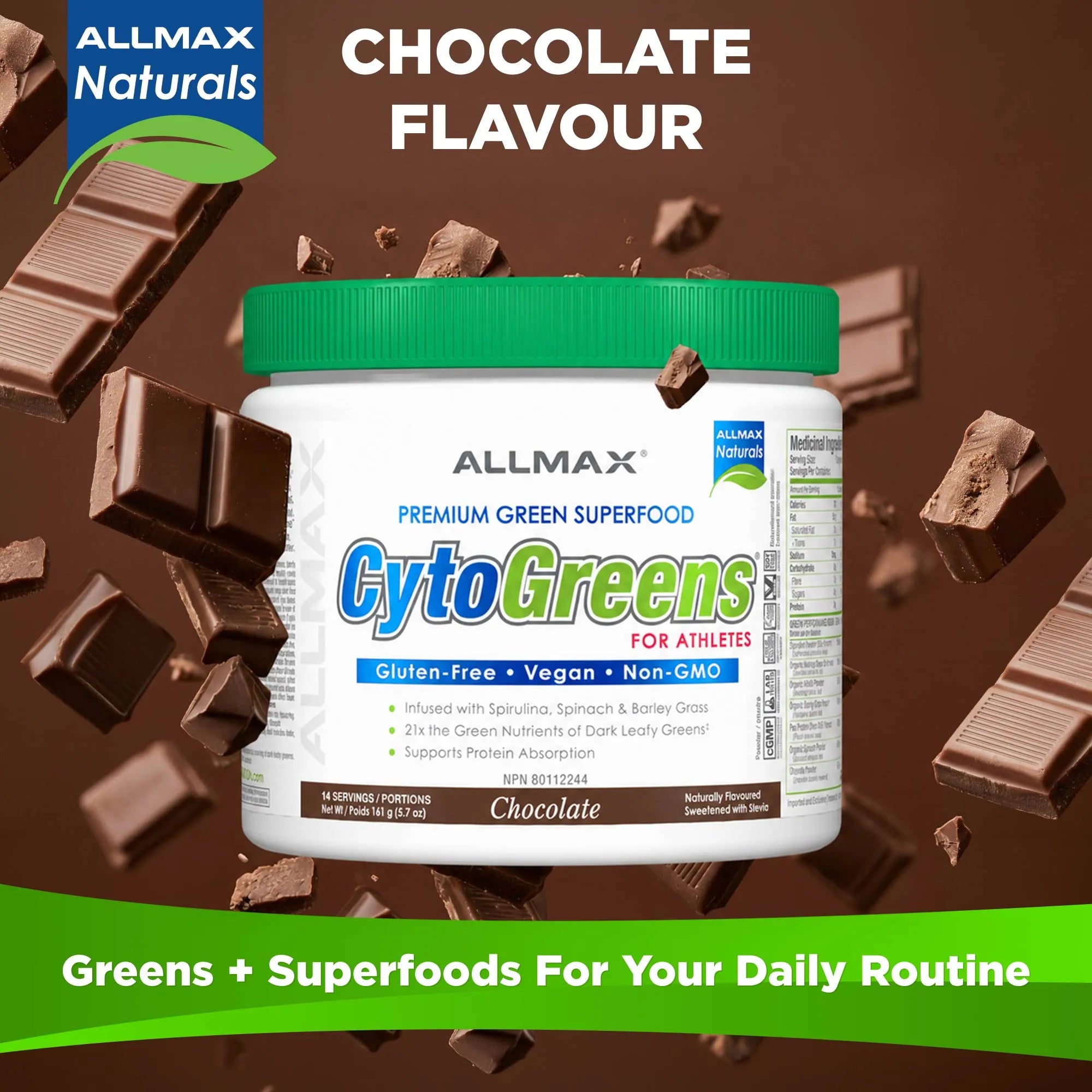 A jar of ALLMAX Naturals CytoGreens Premium Green Superfood in chocolate flavor, surrounded by floating chocolate pieces on a dark brown background with promotional text.