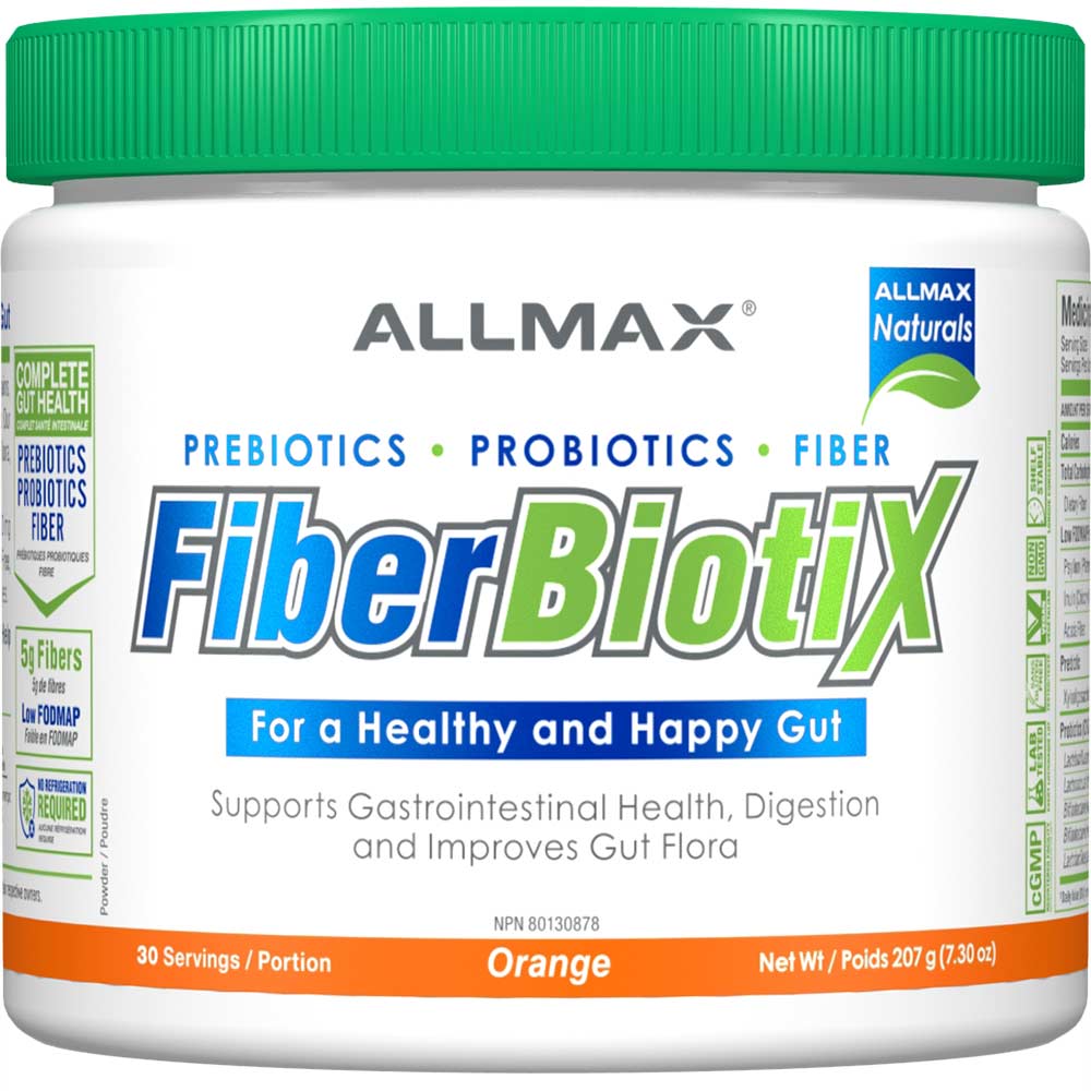 Fiberbiotix Prebiotics Probiotics Fiber Supplement by Allmax Nutrition in Orange flavour