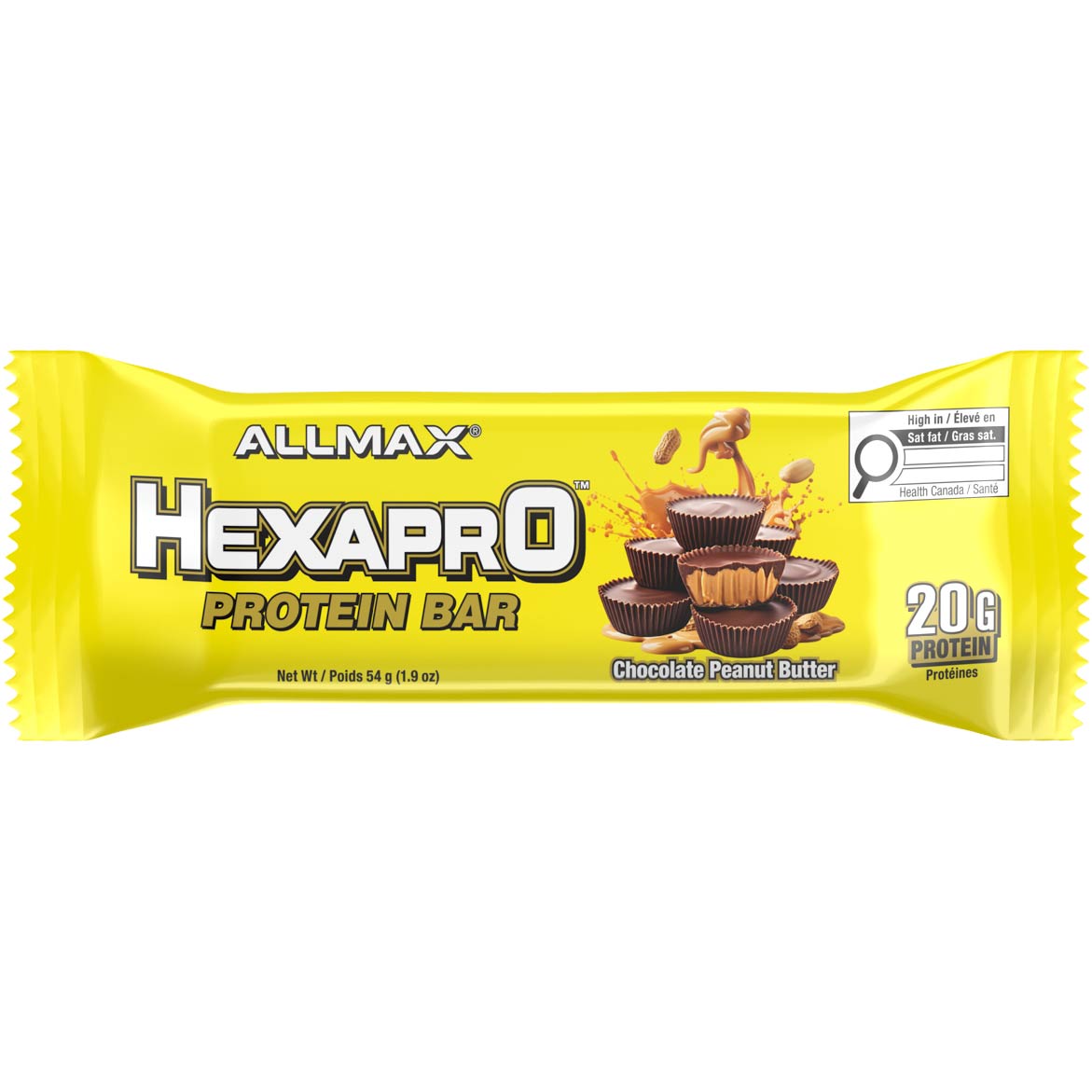 Allmax Hexapro Protein Bar packaging with yellow background