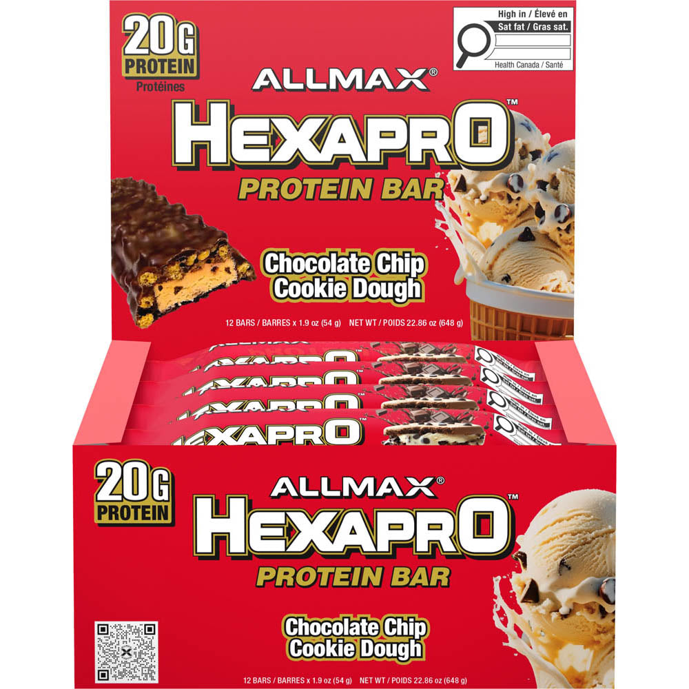 Box of Allmax Hexapro Protein Bars in Chocolate Chip Cookie Dough flavor on a white background