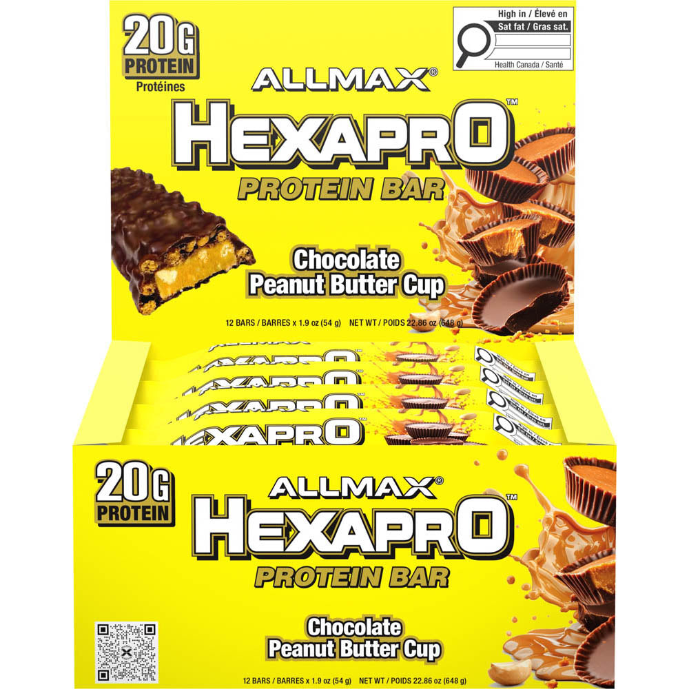 Box of Allmax Hexapro Protein Bars in Chocolate Peanut Butter Cup flavor on a white background
