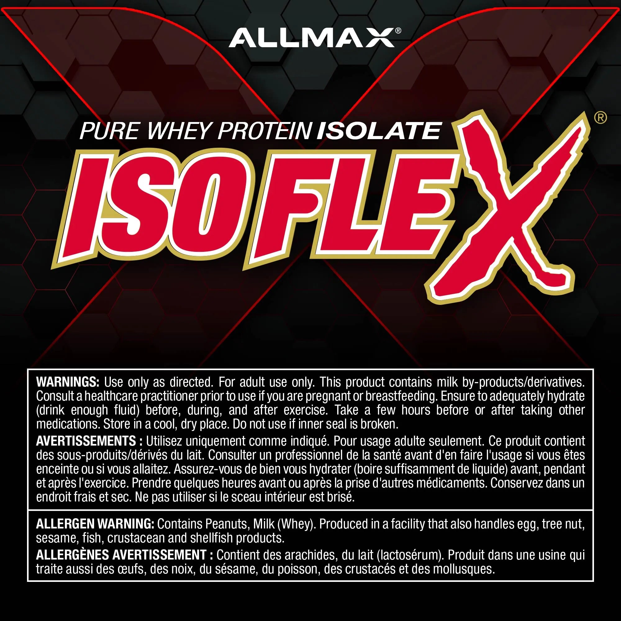 Front of an Allmax Isoflex Pure Whey Protein Isolate box, showing the brand logo, product name, and a large French warning label on a black background.