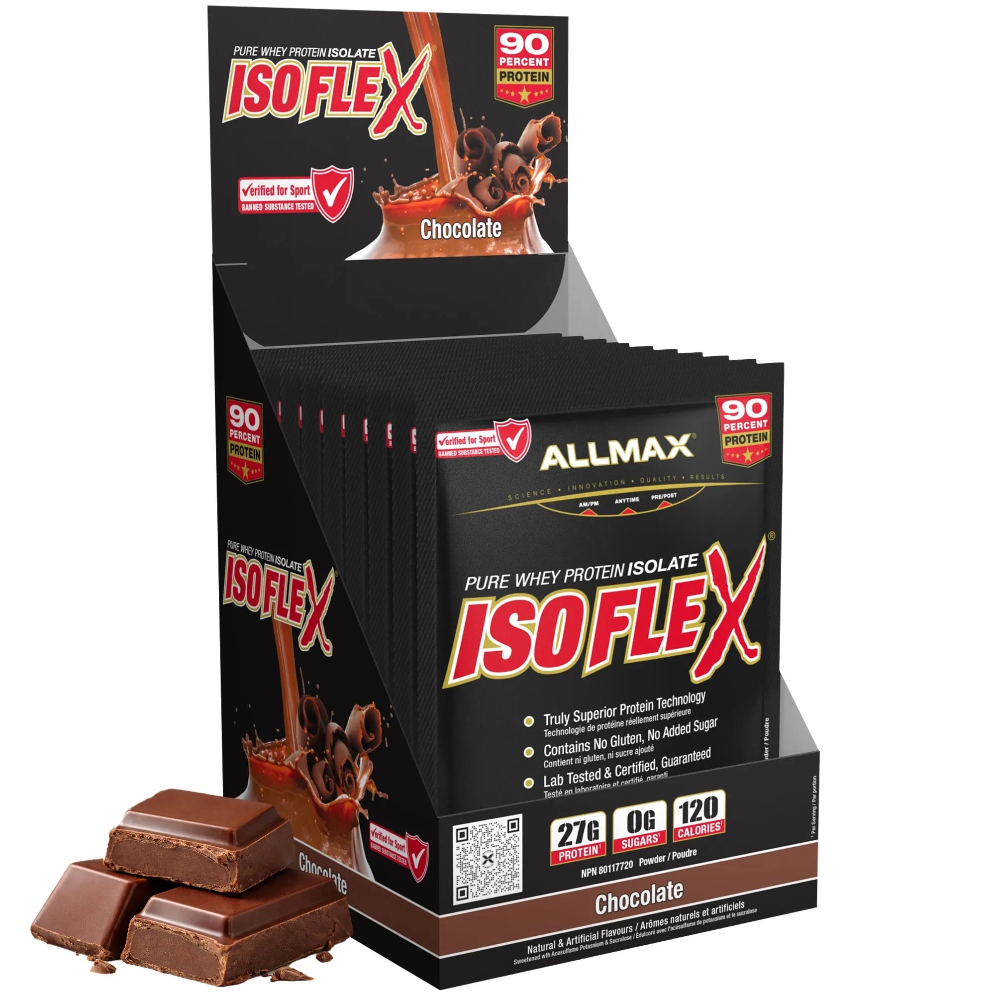 A display box of Allmax Isoflex Chocolate flavor protein powder sticks, shown with several individual packets in front and chocolate pieces on a white background.