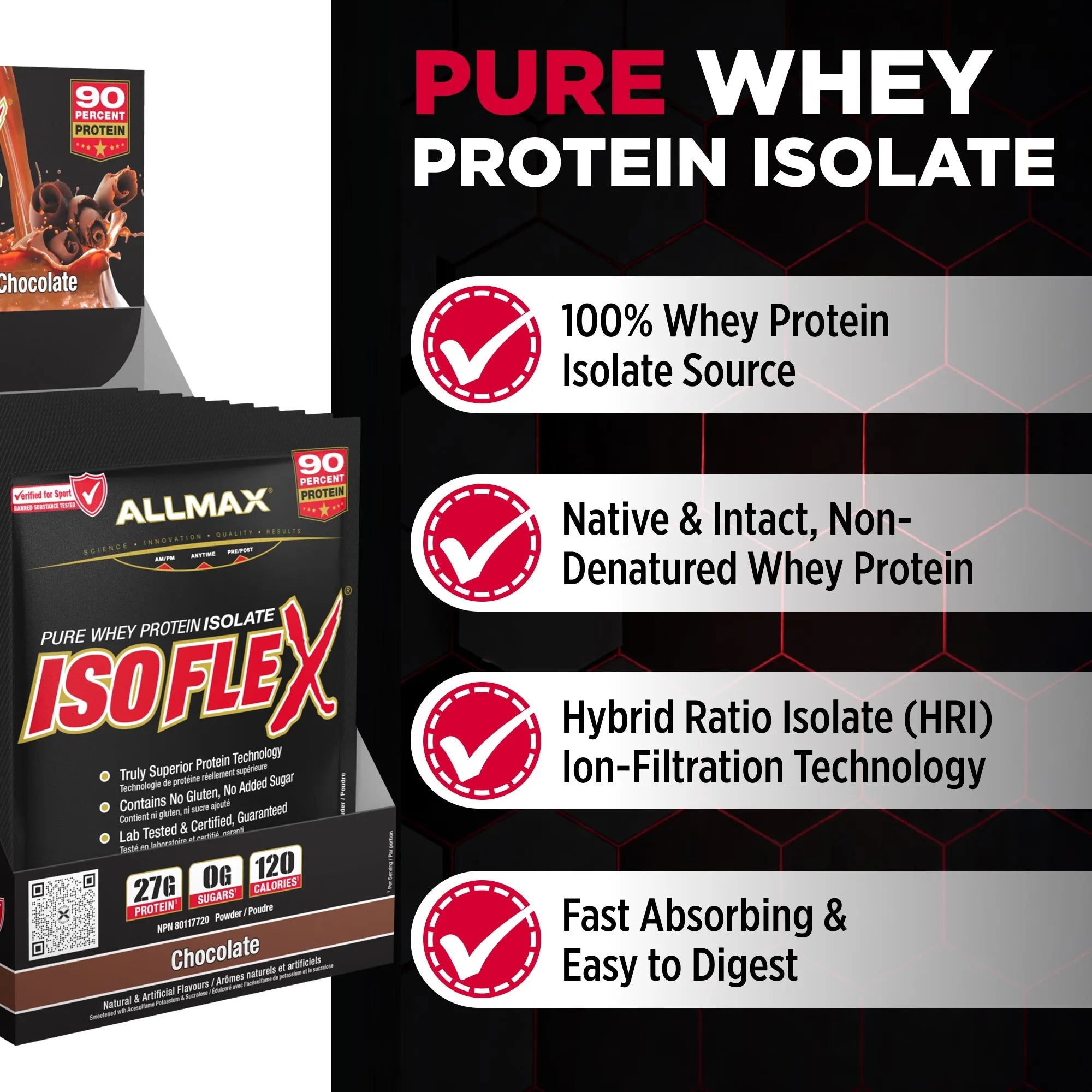 A promotional graphic for Allmax Pure Whey Protein Isolate Isoflex Chocolate. The left side shows the product packaging, while the right side features marketing text highlighting key benefits like '100% Whey Protein Isolate Source' and 'Native & Intact, Non-Denatured Whey Protein' on a black background with red and white accents.