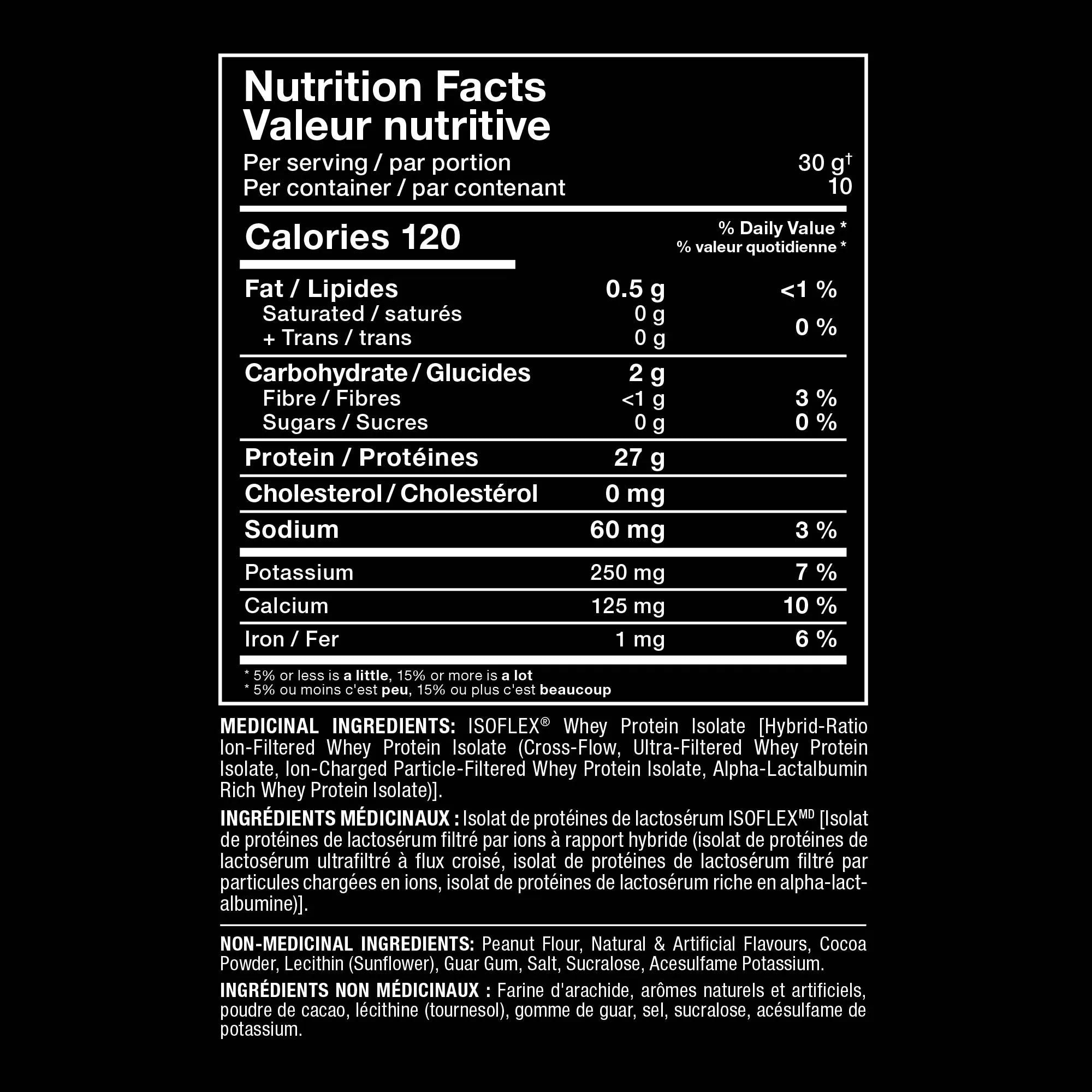 A Nutrition Facts label in black text on a white background, showing protein isolate product information with calories, fat, carbohydrates, protein, and listed ingredients.