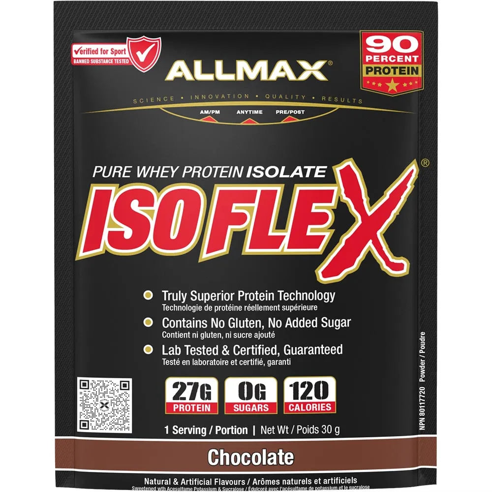 A package of Allmax Isoflex Pure Whey Protein Isolate in Chocolate flavor. The packaging is predominantly black with a large red and white 'ISOFLEX' logo, featuring product details, nutritional facts, and a QR code.
