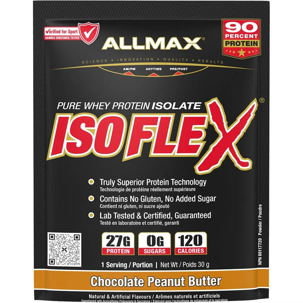 A 30 g bag of Allmax Isoflex Pure Whey Protein Isolate in Chocolate Peanut Butter flavor. The packaging is black with bold red and white lettering, featuring the Allmax brand logo and product details.