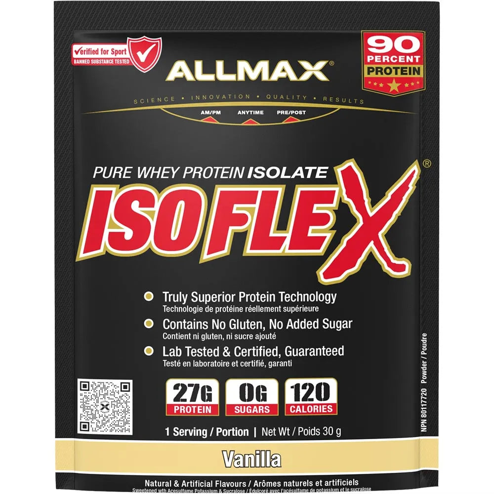 A 30g pouch of Allmax Isoflex Vanilla pure whey protein isolate powder. The packaging is predominantly black with a large red and white 'ISO FLEX' logo, featuring a gold band at the bottom labeled 'Vanilla' and a QR code on the left side.