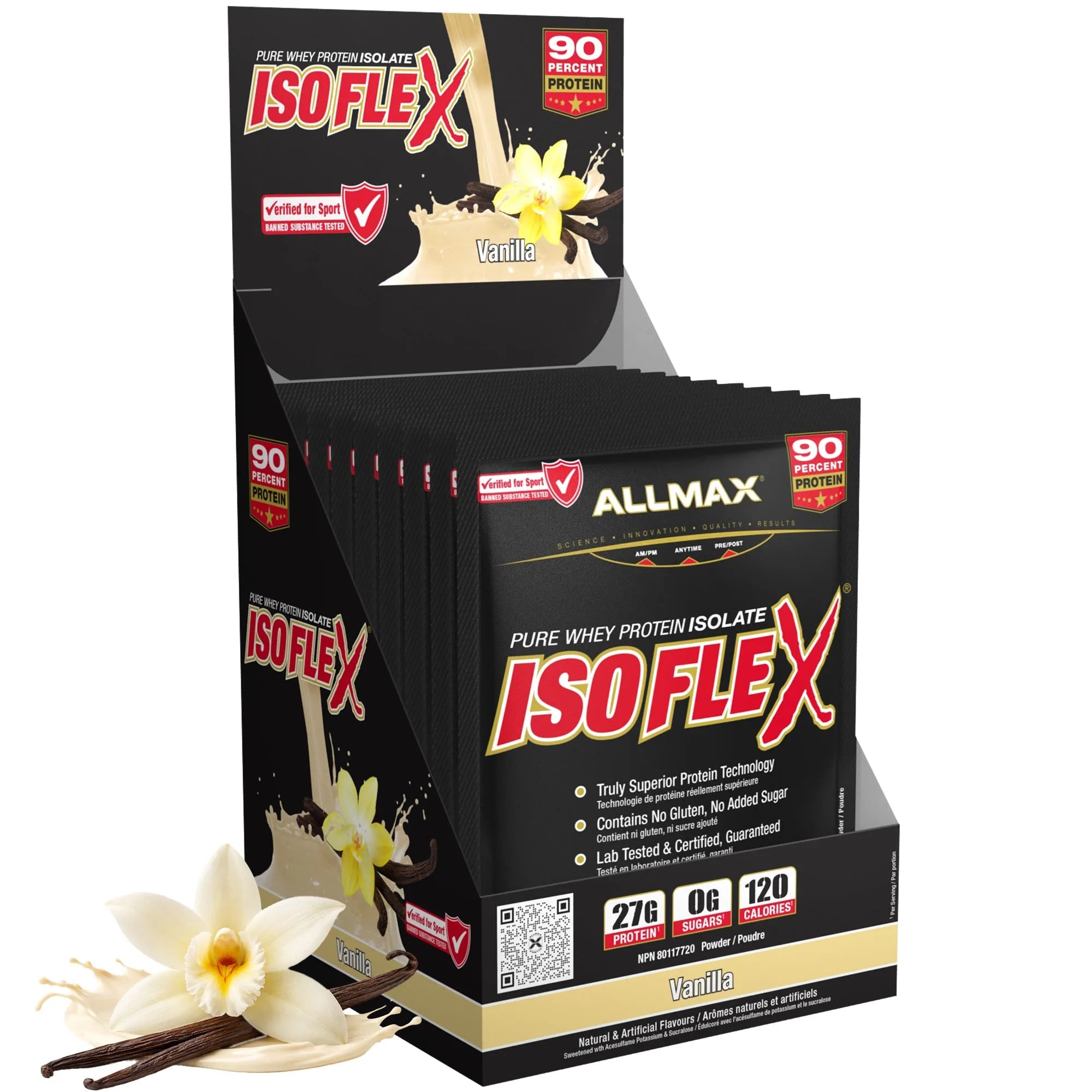 A display box of Allmax Isoflex Vanilla flavor protein powder sachets, shown with vanilla flowers and cinnamon sticks on a clean white background.