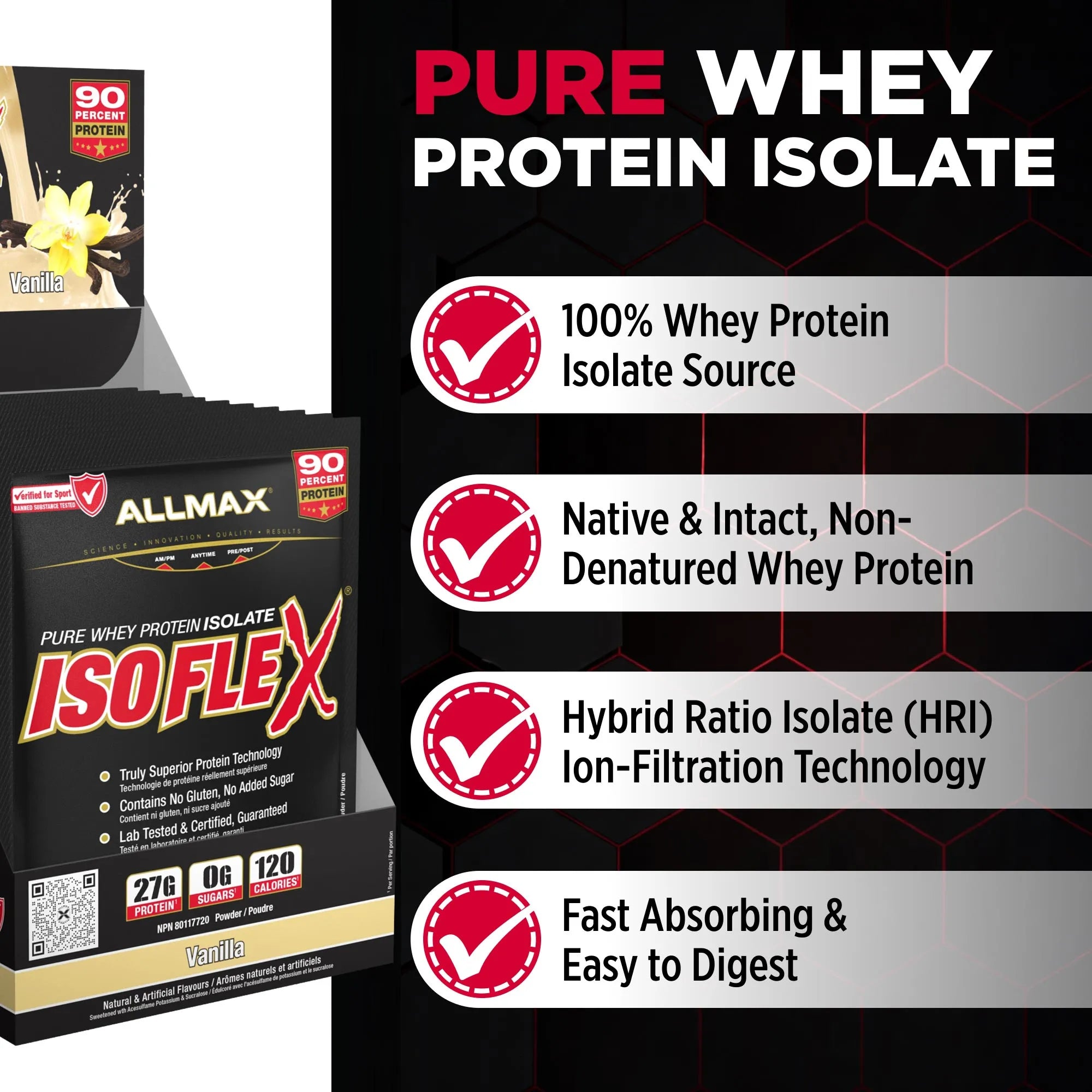 A promotional graphic for Allmax Pure Whey Protein Isolate Isoflex in Vanilla flavor, showing the product box on the left and marketing callouts on the right against a black background with red and white text.