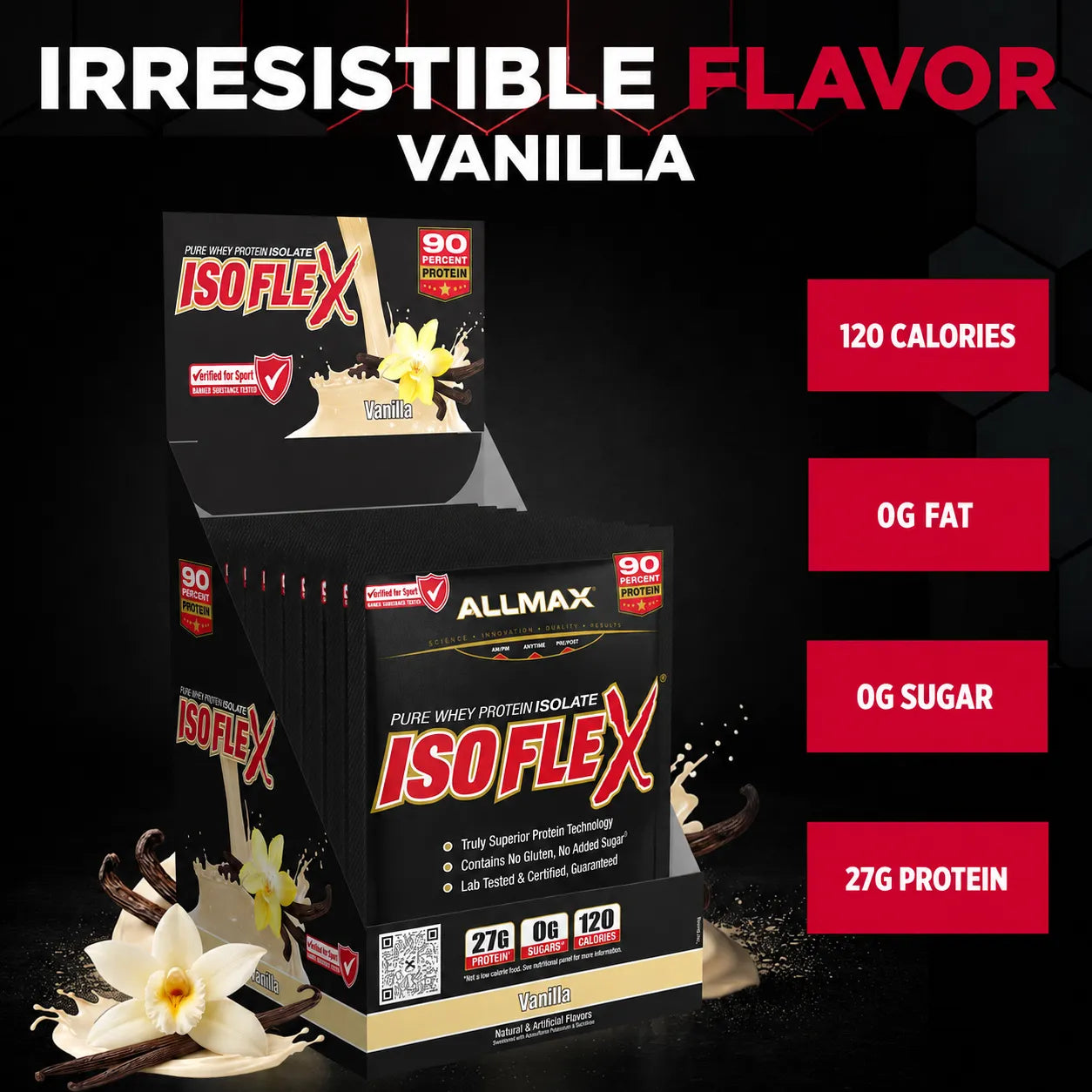 A box of IsoFlex Allmax vanilla-flavored pure whey protein isolate shown on a black background with promotional text and feature callouts. The packaging is black with red and white branding and vanilla flower graphics.