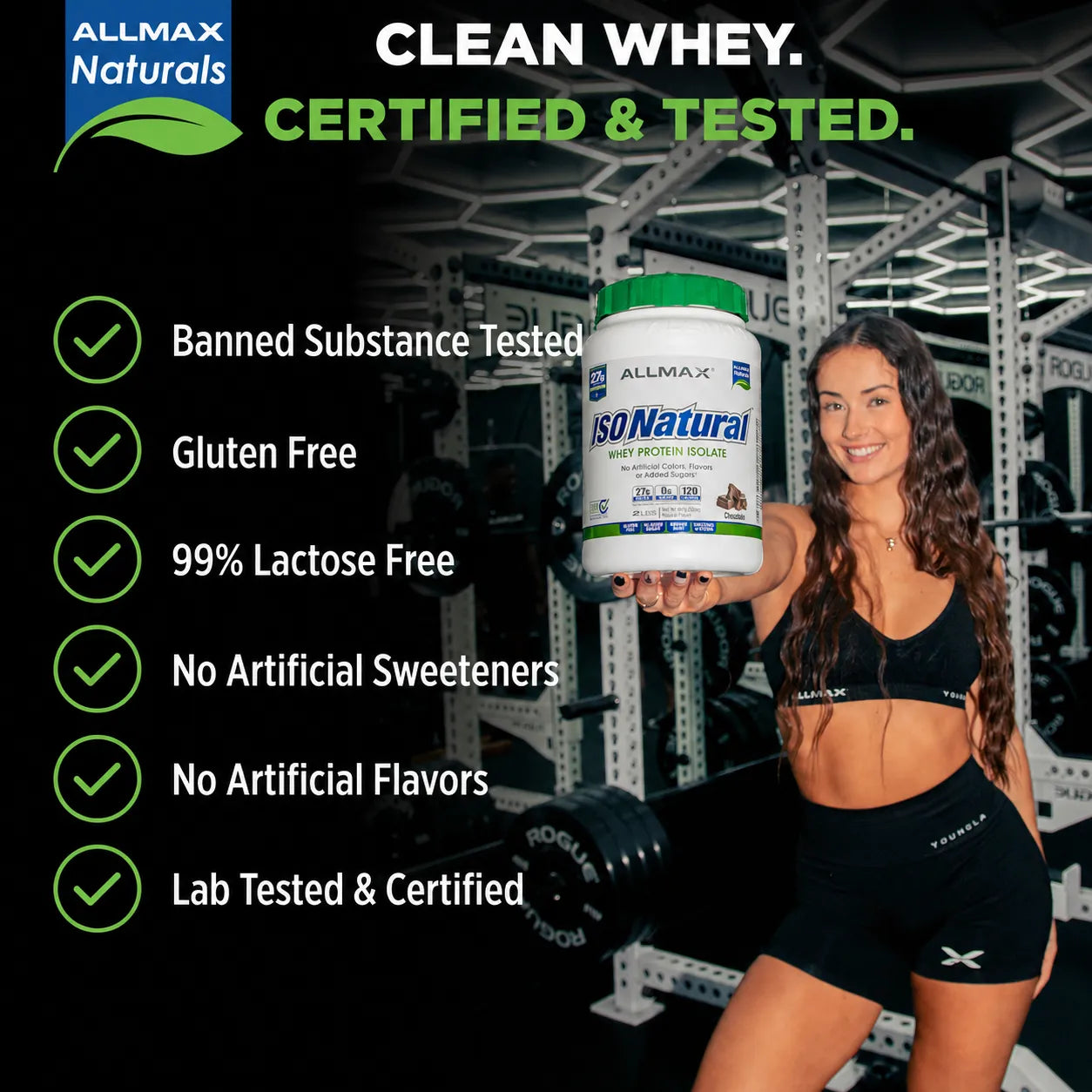 A woman in a gym holds up a tub of AllMax Naturals ISO Natural Whey Protein Powder. The left side features a black background with green checkmarks and text highlighting product benefits like 'Banned Substance Tested', 'Gluten Free', and '99% Lactose Free'.