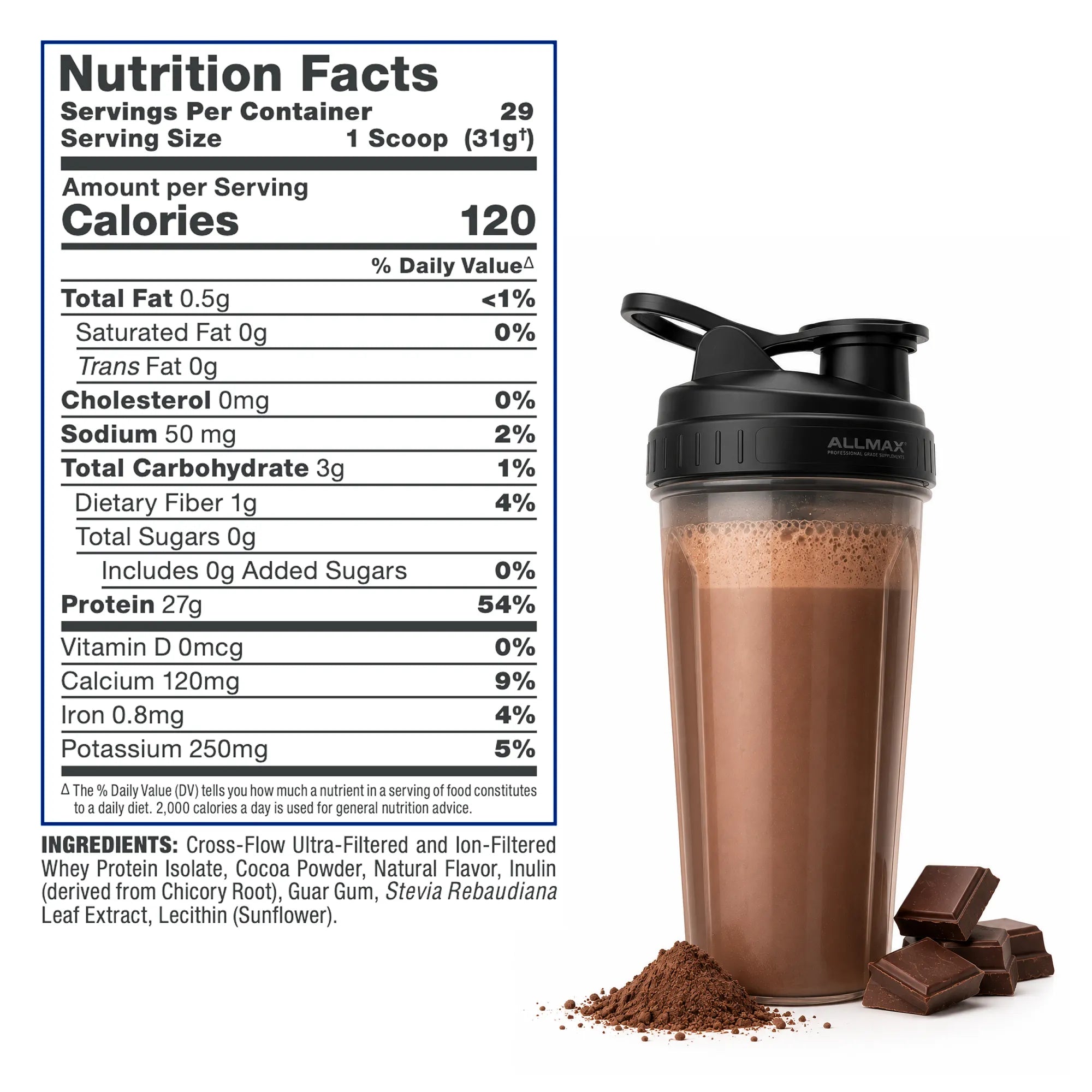 A shaker bottle filled with a brown protein powder drink, shown next to a Nutrition Facts label and cocoa powder with chocolate chunks on a white background.