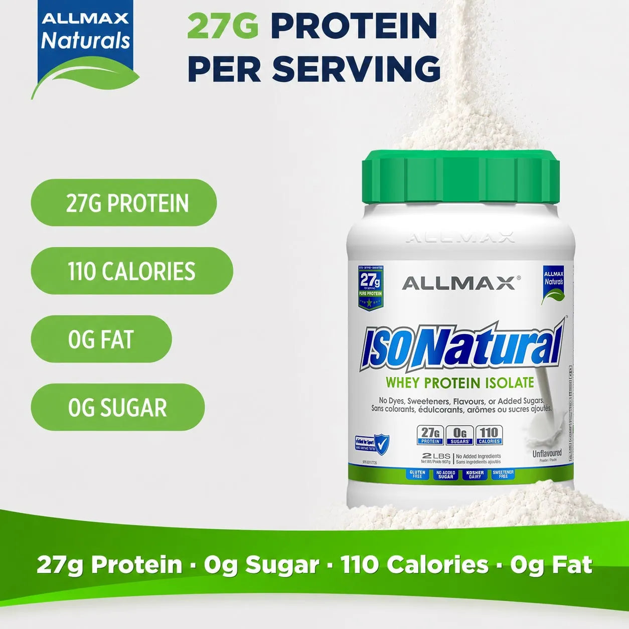 Allmax Naturals IsoNatural Whey Protein Isolate supplement bottle with a green cap, shown on a white background with green text badges highlighting 27g protein, 110 calories, 0g fat, and 0g sugar.