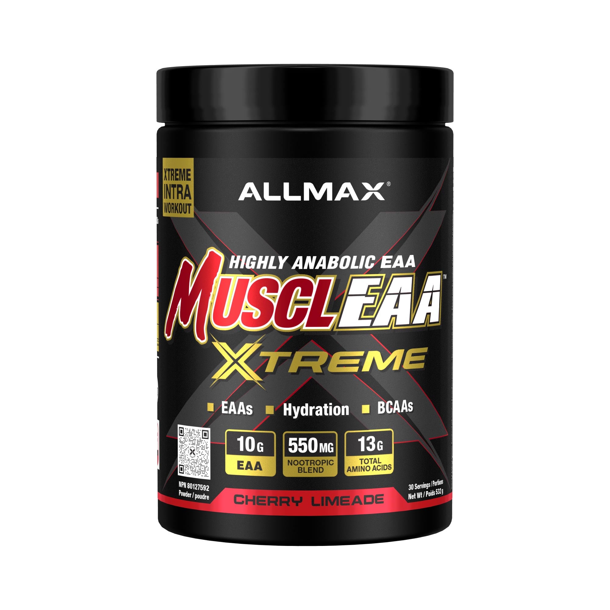 A black plastic tub of Allmax MuscleEAA Xtreme highly anabolic EAA supplement powder in Cherry Limeade flavor, shown on a plain white background.