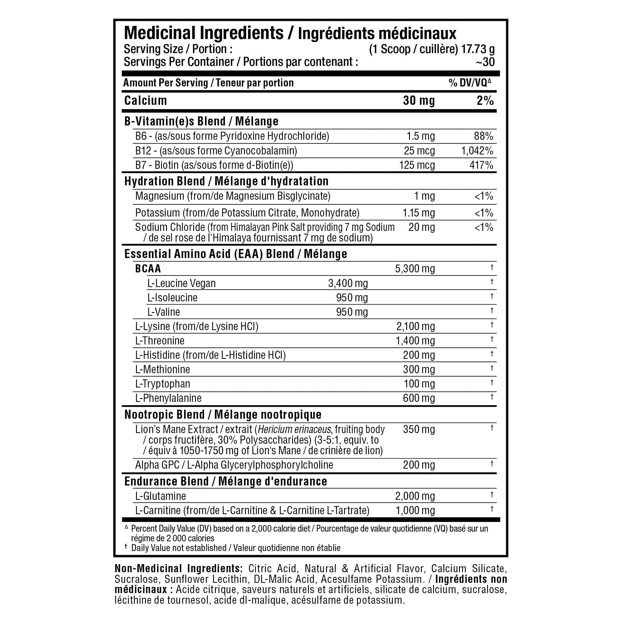 A front-facing nutrition facts label in black text on a white background, showing medical ingredients and non-medical ingredients for a beverage mix. The label includes sections for serving size, calories, calcium, B-vitamins, hydration blend, essential amino acid blend, BCAA, and nootropic blend, with ingredient names and amounts listed below.