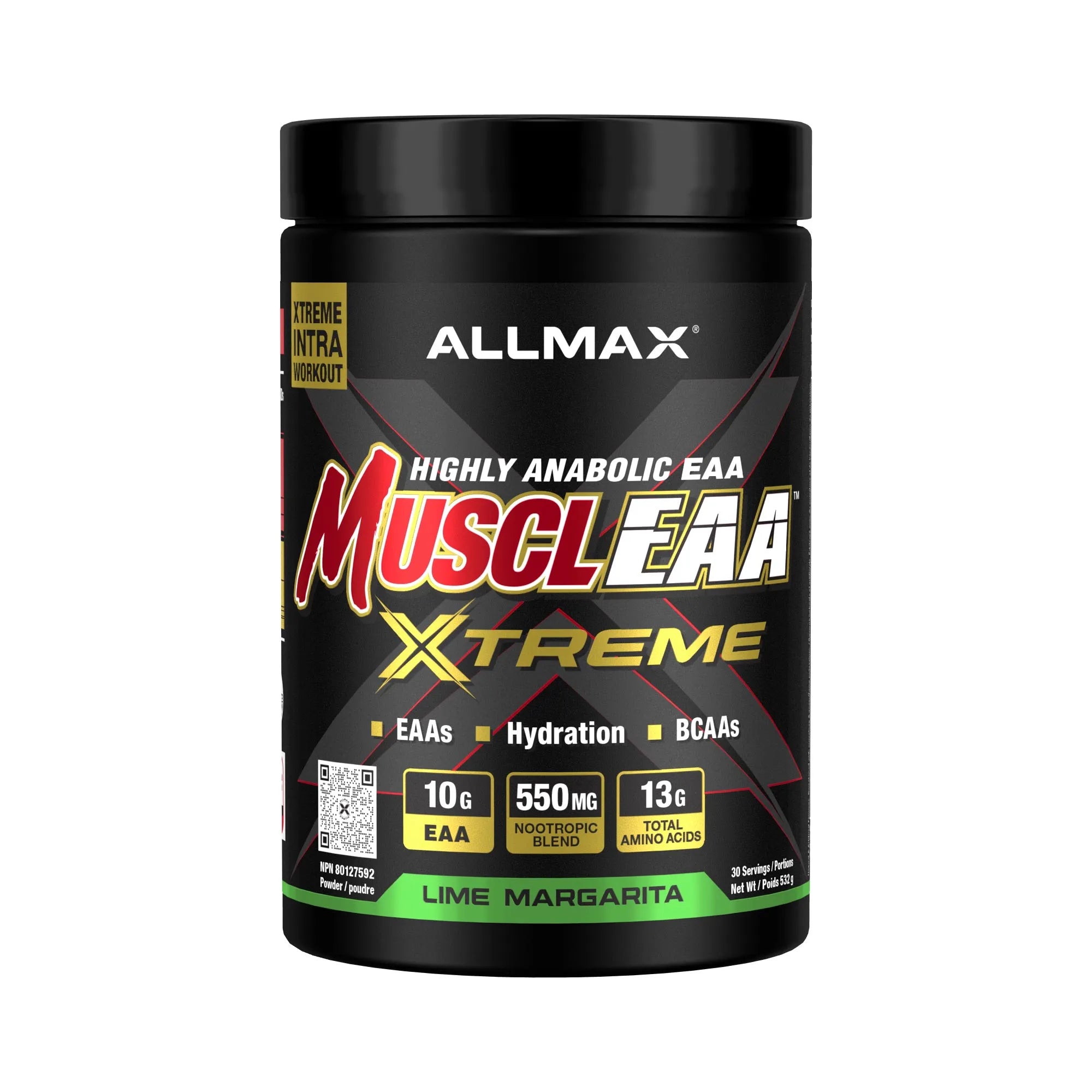 A black plastic tub of Allmax MuscleEAA Xtreme dietary supplement powder on a plain white background.