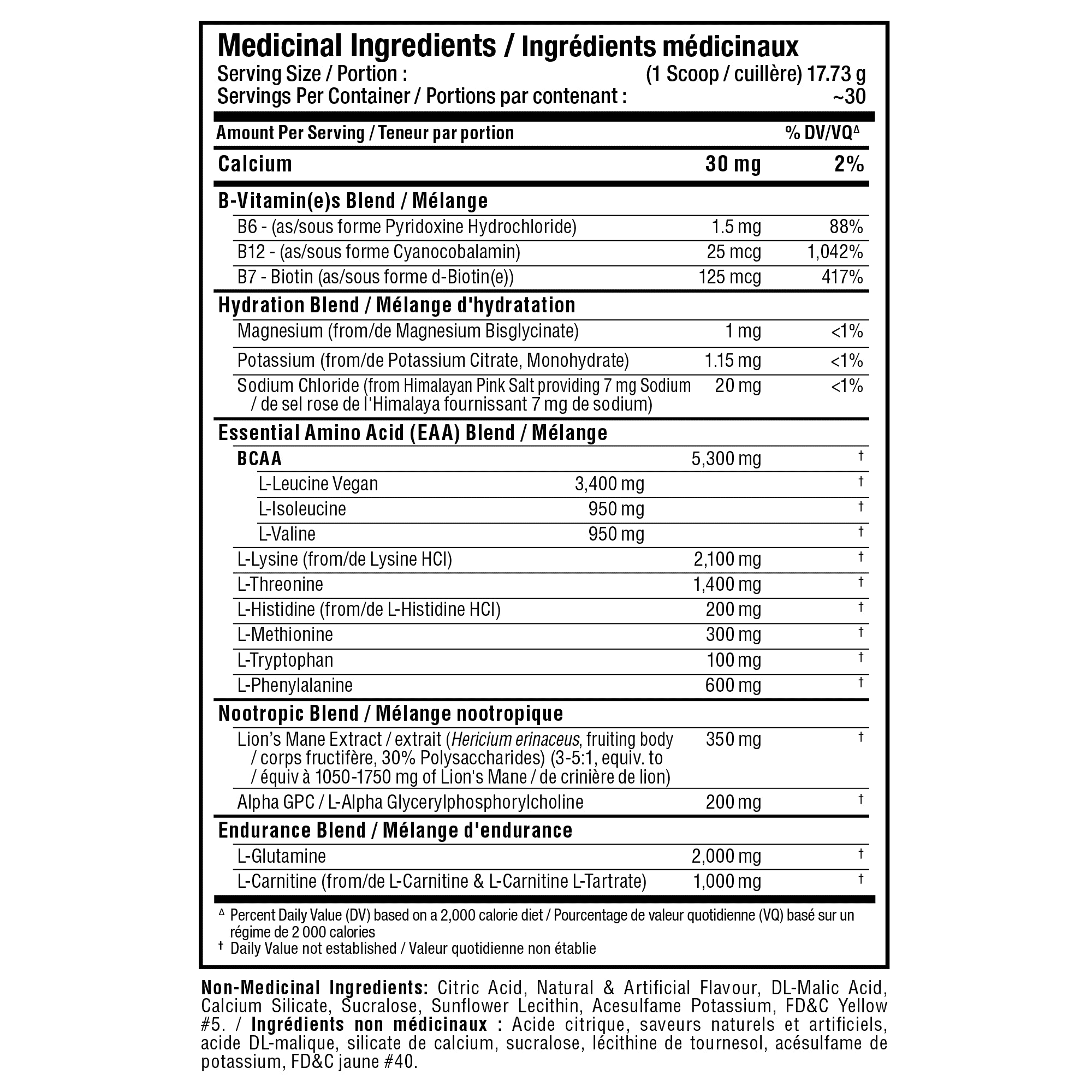 A close-up of a supplement product's front label showing the 'Medicinal Ingredients / Éléments médicinaux' panel with listed nutrients such as Calcium, B-vitamin(s) Blend, B12, Biotin, Hydration Blend, and Essential Amino Acid (EAAD) Blend, on a white background.