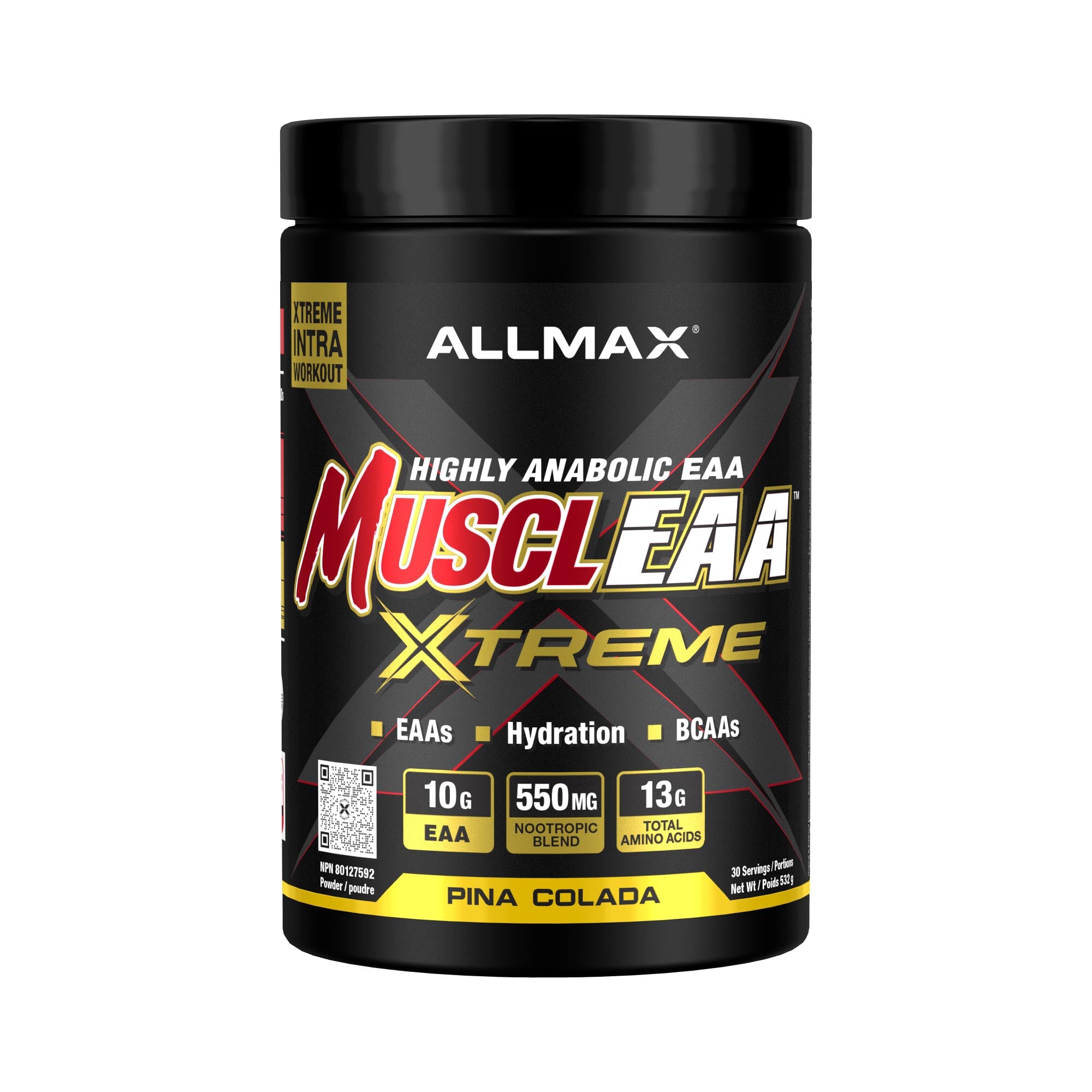 A black plastic tub of Allmax MuscleEAA Xtreme highly anabolic EAA supplement in Pina Colada flavor, shown against a plain white background.