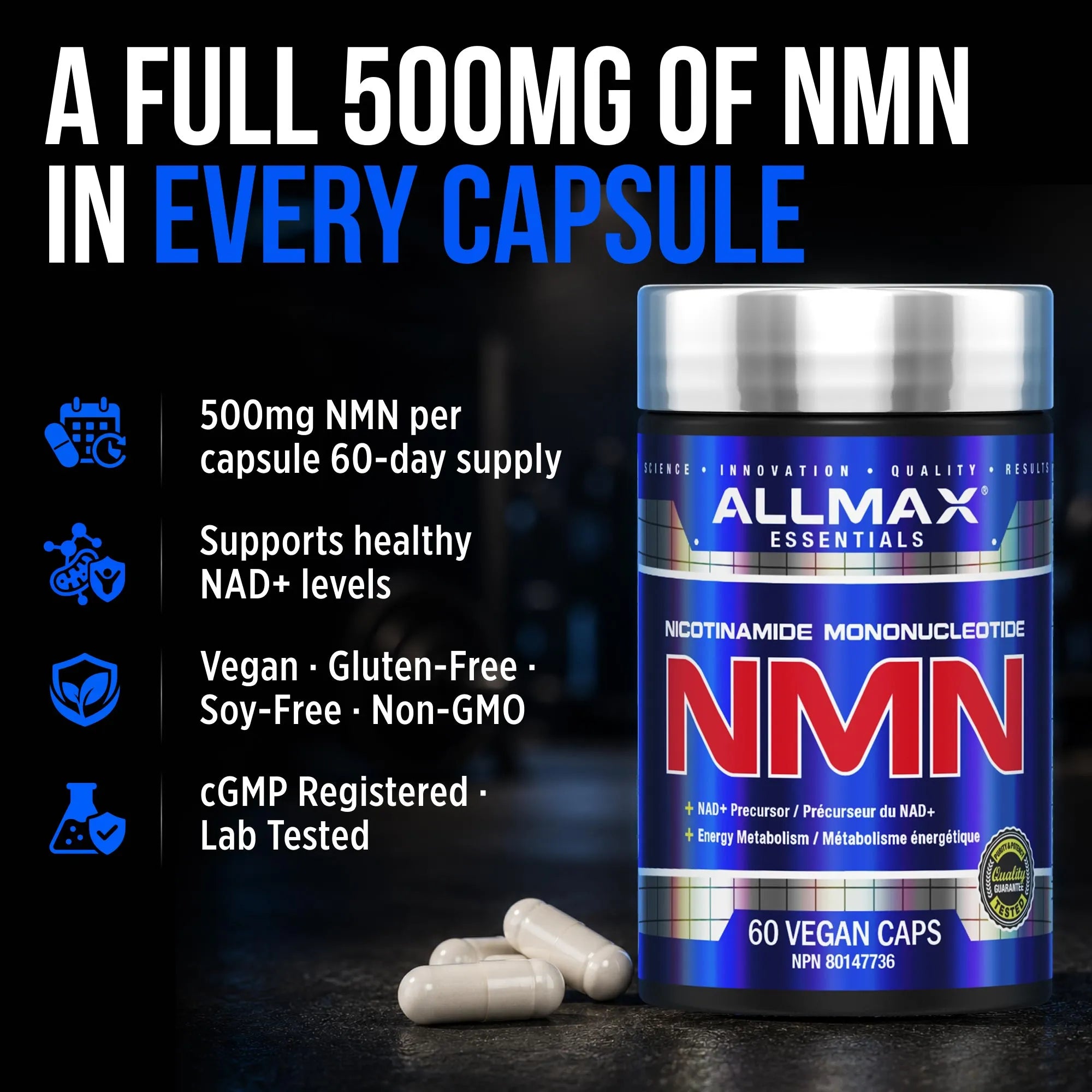 A bottle of Allmax Essentials NMN dietary supplement with three capsules in front, set against a dark background with promotional text highlighting 500mg NMN per capsule.