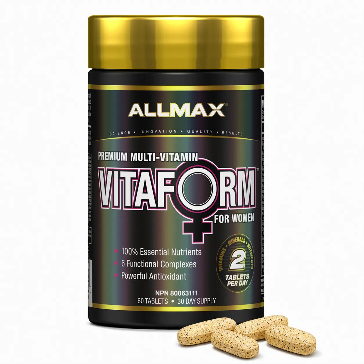 A bottle of ALLMAX Vitaform for Women premium multi-vitamin with a gold cap and black label, shown on a white background with several beige tablets in front.