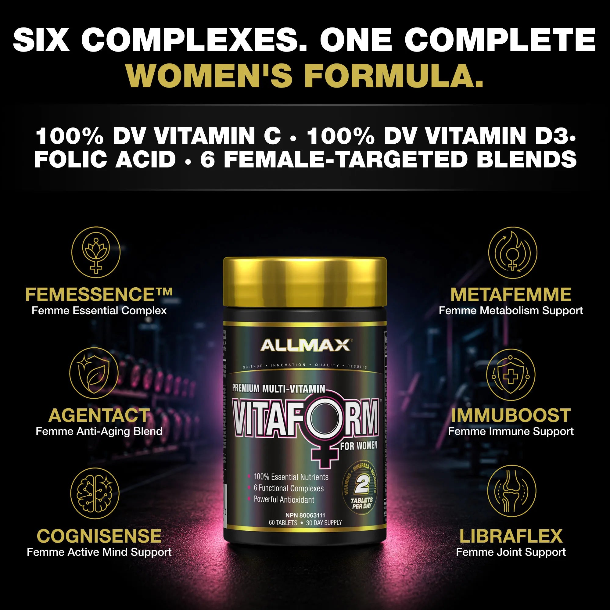 A supplement bottle labeled ALLMAX VITAFORM Women's Formula, centered on a dark promotional background with text highlighting six complexes and six female-targeted blends: FEMESSENCE, METAFEMME, AGENTACT, IMMUBOOST, COGNISSENSE, and LIBRAFLEX.
