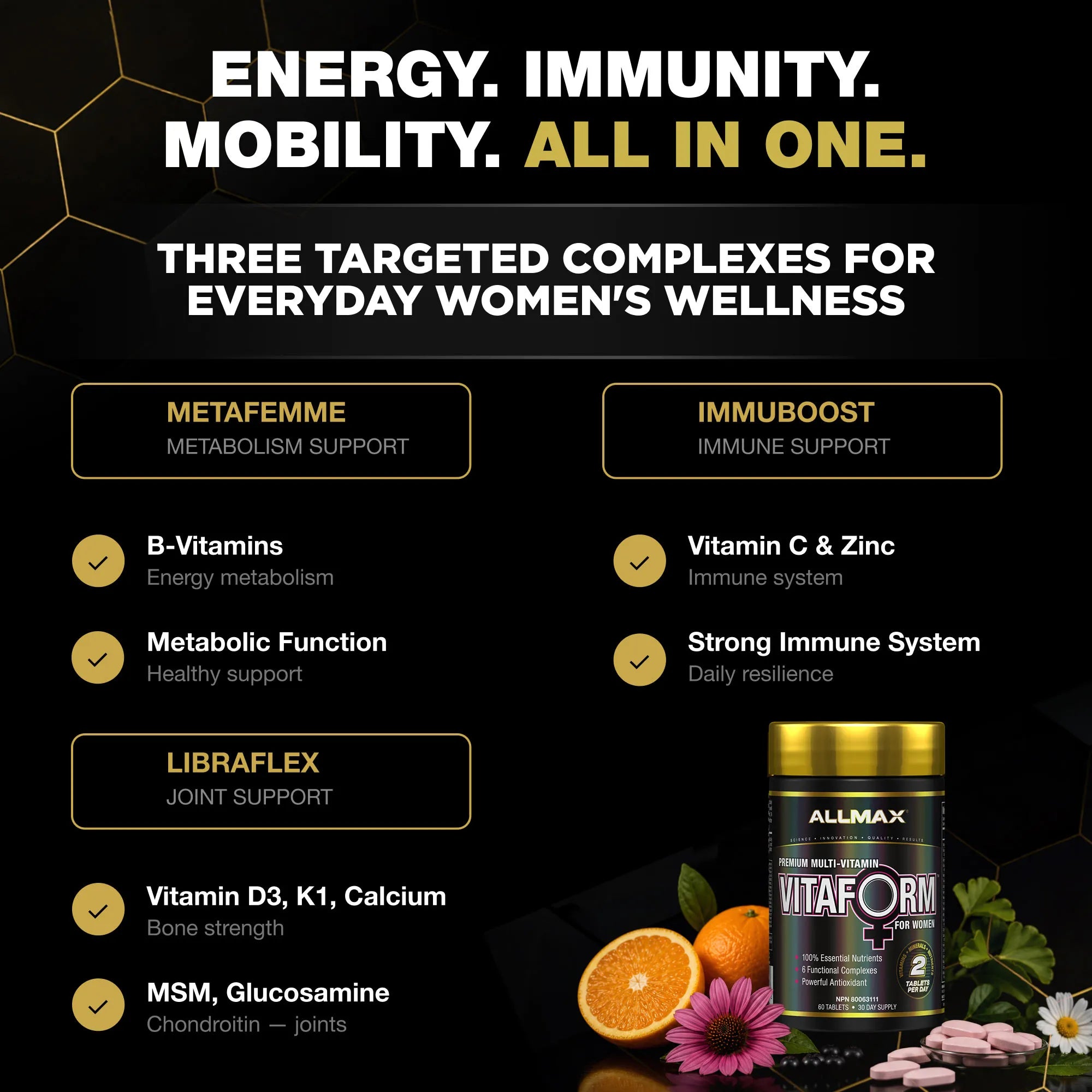 Promotional graphic for a women's wellness supplement jar labeled ALLMAX VitaForm, shown on a black background with text highlighting energy, immunity, and mobility. The image includes ingredient callouts for Metafemme, Libraflex, and Immubooth, plus fruit and flower props near the jar.