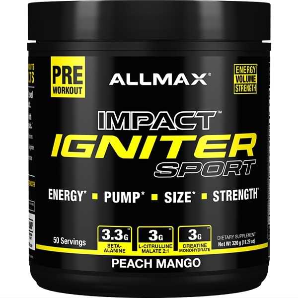 Impact Igniter Sport by ALLMAX Nutrition in Peach Mango Flavour and 320g Size.